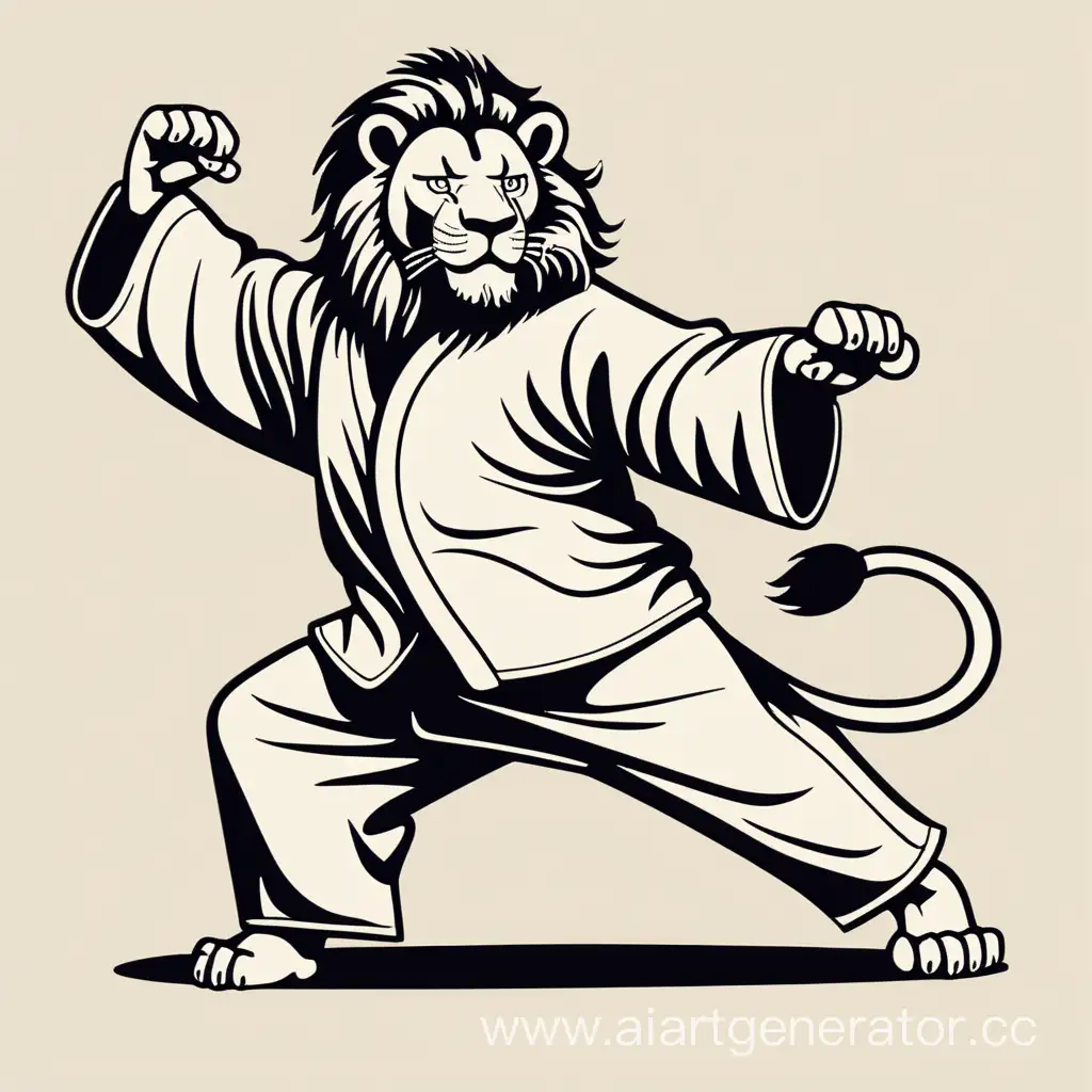 Lion doing tai chi, in style of retro japanese vector t-shirt modern