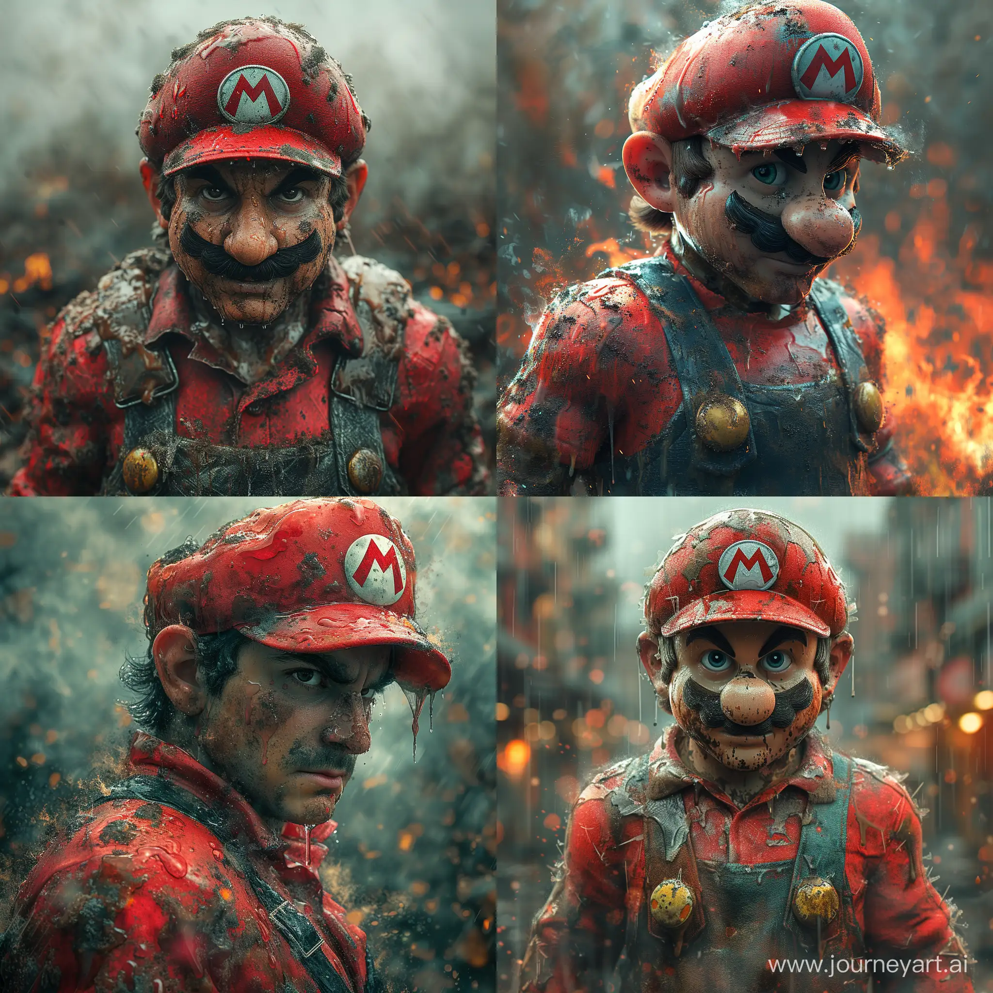 a creative, digitally-manipulated artwork of a character that seems inspired by the iconic video game will smith as character Mario from Nintendo's Mario series. However, unlike the traditional, whimsical portrayal of Mario, this depiction is more realistic and gritty  --stylize 750 --v 6