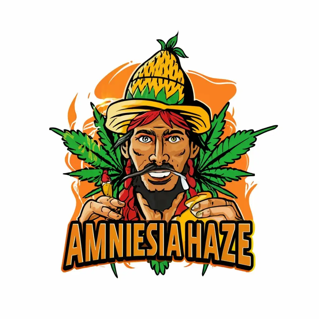 a logo design,with the text "Amnesia haze", main symbol:Rastaman , lemonade , weed leaf , comic style , Spanish flag ,,complex,clear background