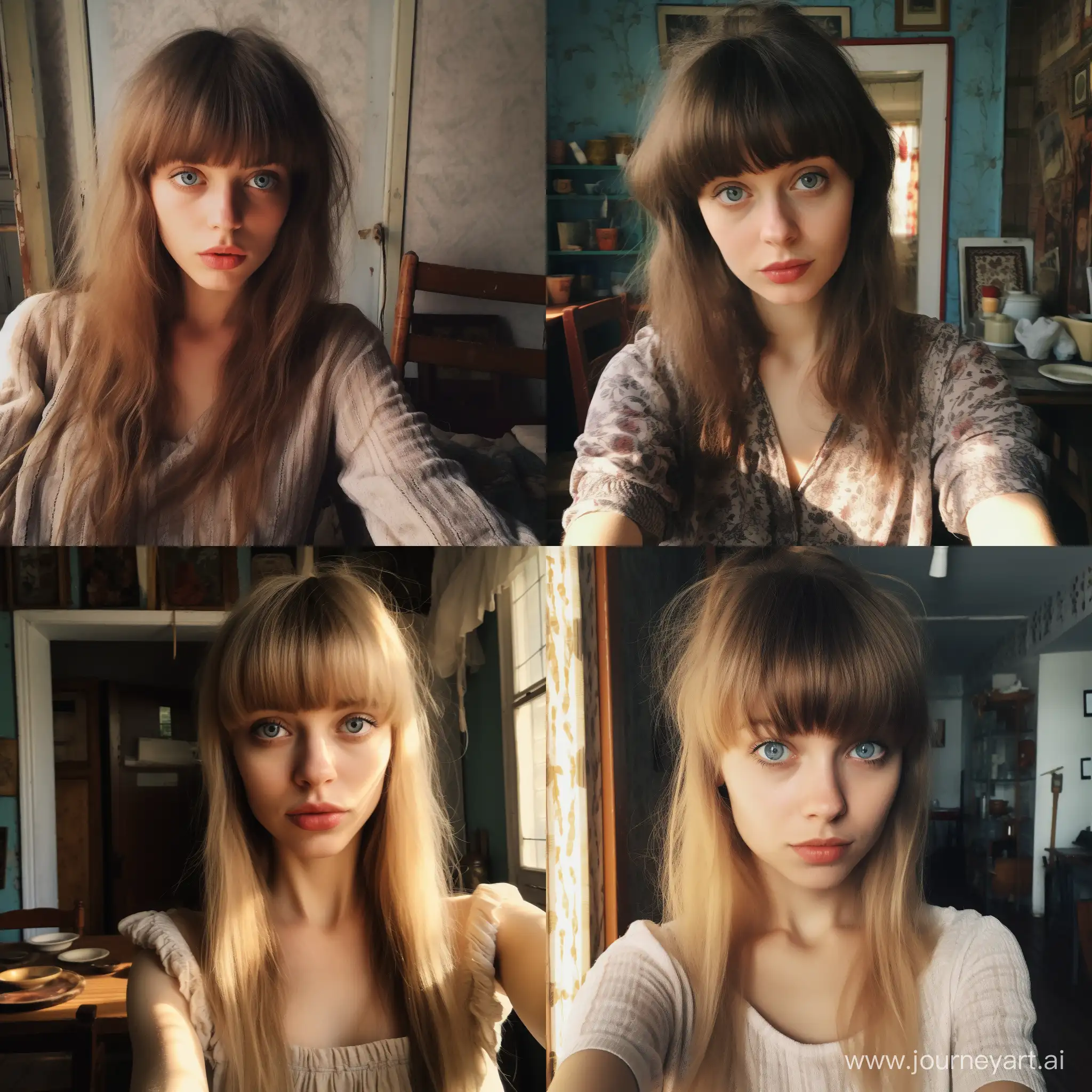 Interior selfie of a woman with small stature, big blue eyes, bangs, two оси, shot on a low camera quality phone