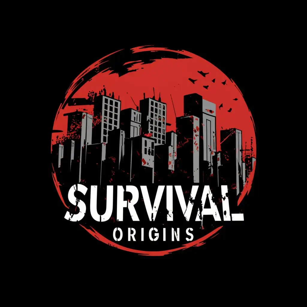 a logo design,with the text "Survival Origins  ", main symbol:zombie ridden city scape,Moderate,clear background