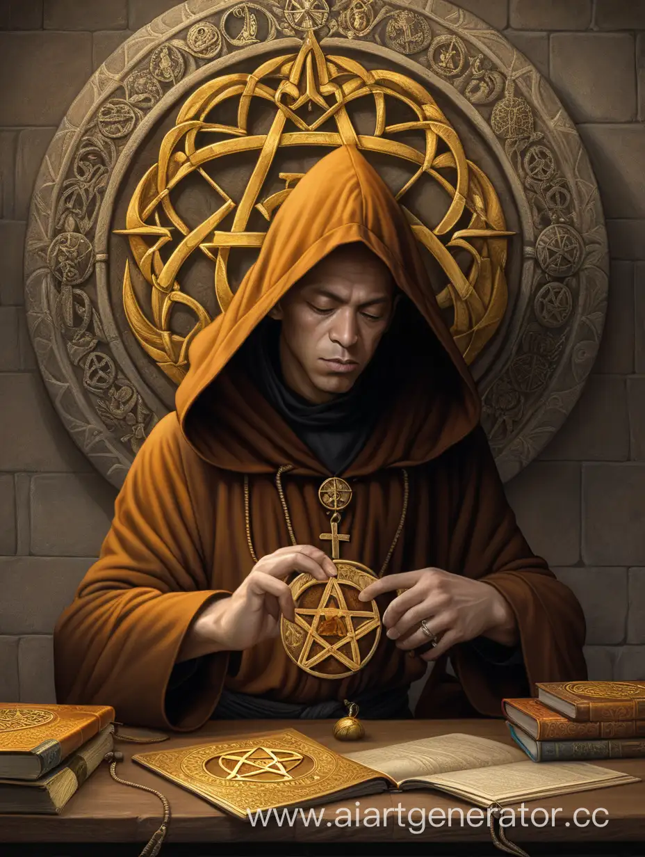 Monk-in-Hood-with-Golden-Pentacles-Surrounding-Workers