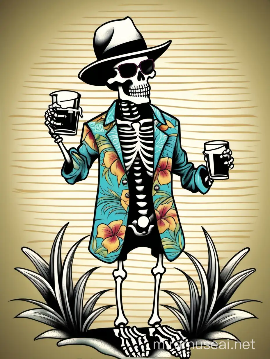 Cheerful Skeleton Enjoying a Retro Drink in Illustrated Tattoo Style