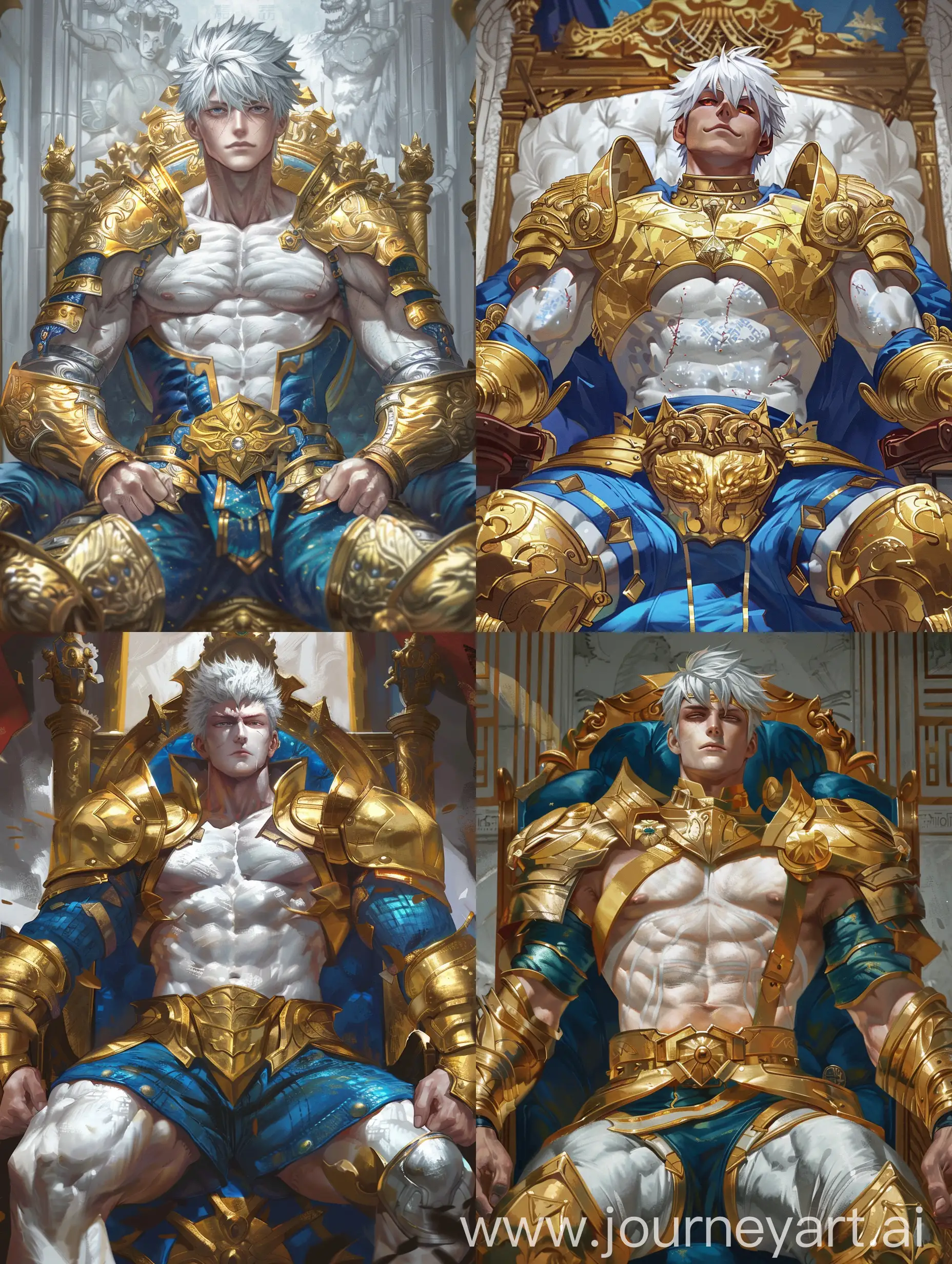 can you imitate Takeuchi Takashi's japen animate painting style, Emiya Shirou, the young emperor, wearing gold and blue armor, tall and white skin. Full of muscles, mature, strong physique, short silver hair, wearing a crown, sitting on the throne, holding a golden sword at his waist, huge body proportions, upward view, arrogant and confident eyes,portrait, bright, epic