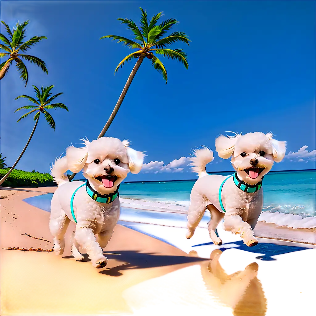 Exquisite-PNG-Image-Two-Bichon-Frisee-Dogs-Frolicking-on-a-Tropical-Beach-with-Palm-Trees