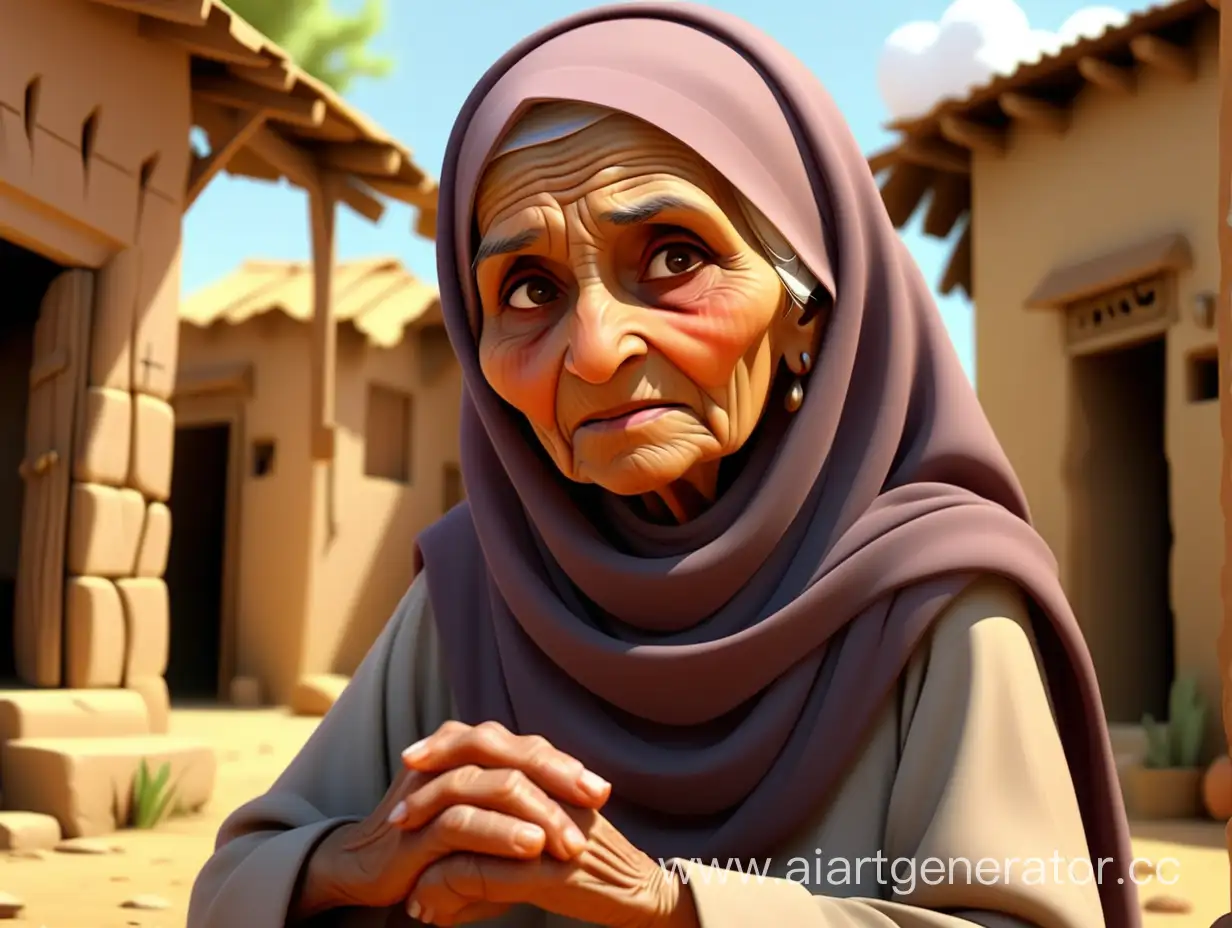 cartoon style, 8k, one old muslim women talking in the village