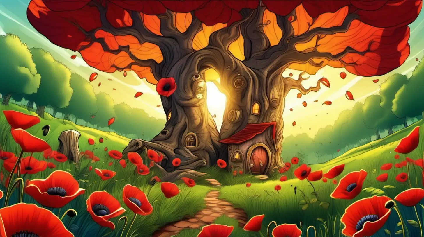 In beautiful cartoon style,  an image of enchanting forest with a meadow with red poppies and  with a large old oak tree with a burrow  and a lot of warm sunlight with vivid colors and lively details,  ultra hd, cartoon children book, vivid colors, highly detailed, perfect composition, beautiful detailed intricate insanely detailed perfect light