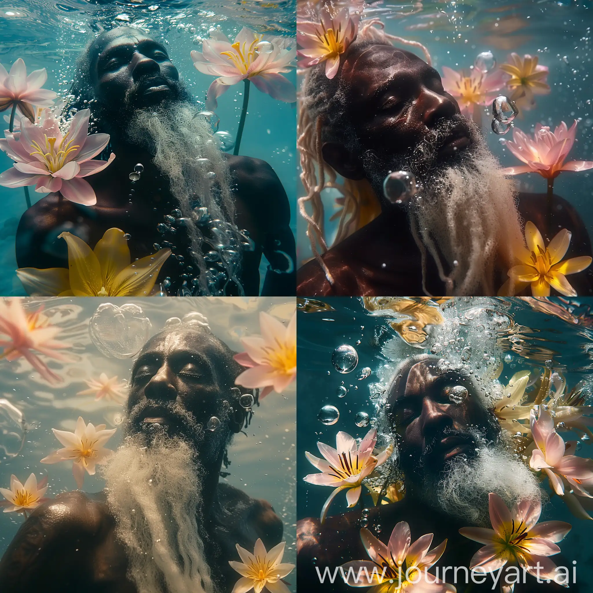 a captivating cinematic image of a black man with long white beard underwater with eyes closed, a few large bubbles,  soft-pink and yellow lilies underwater around him.