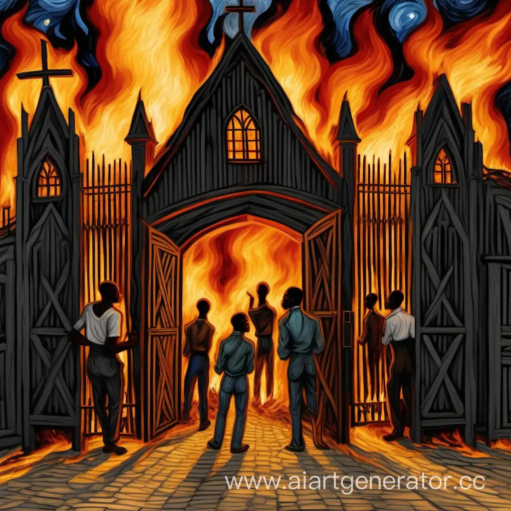  чернокожие стоят у горящих деревянных ворот в церковь в стиле ван гога