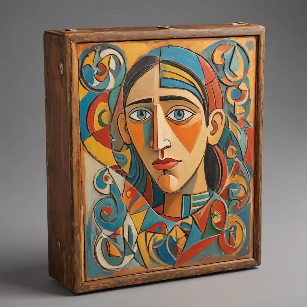 a wooden box painted in the style of Picasso with small sculptures