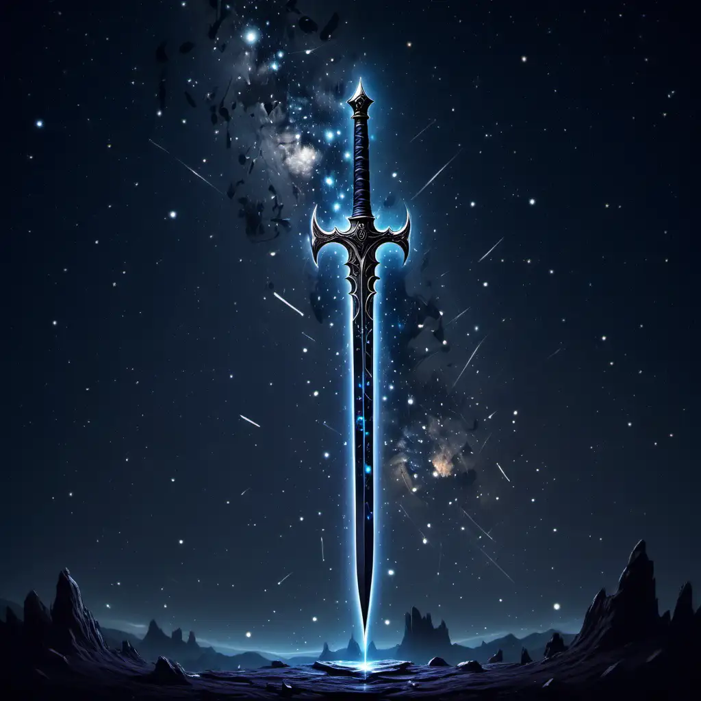 A smooth black sword with the constellations of the night sky moving on its surface