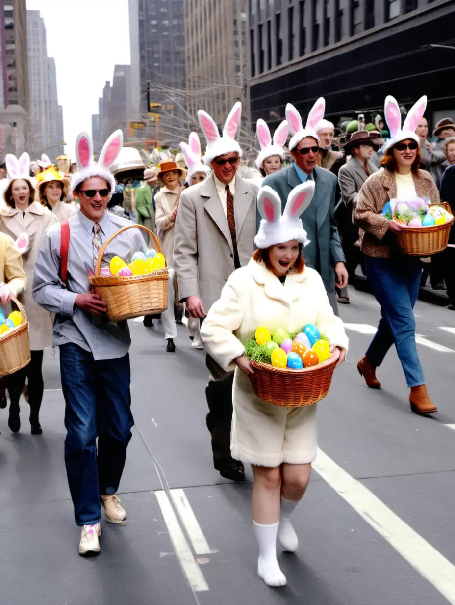 Easter parade with people wearing bunny ears and carrying baskets