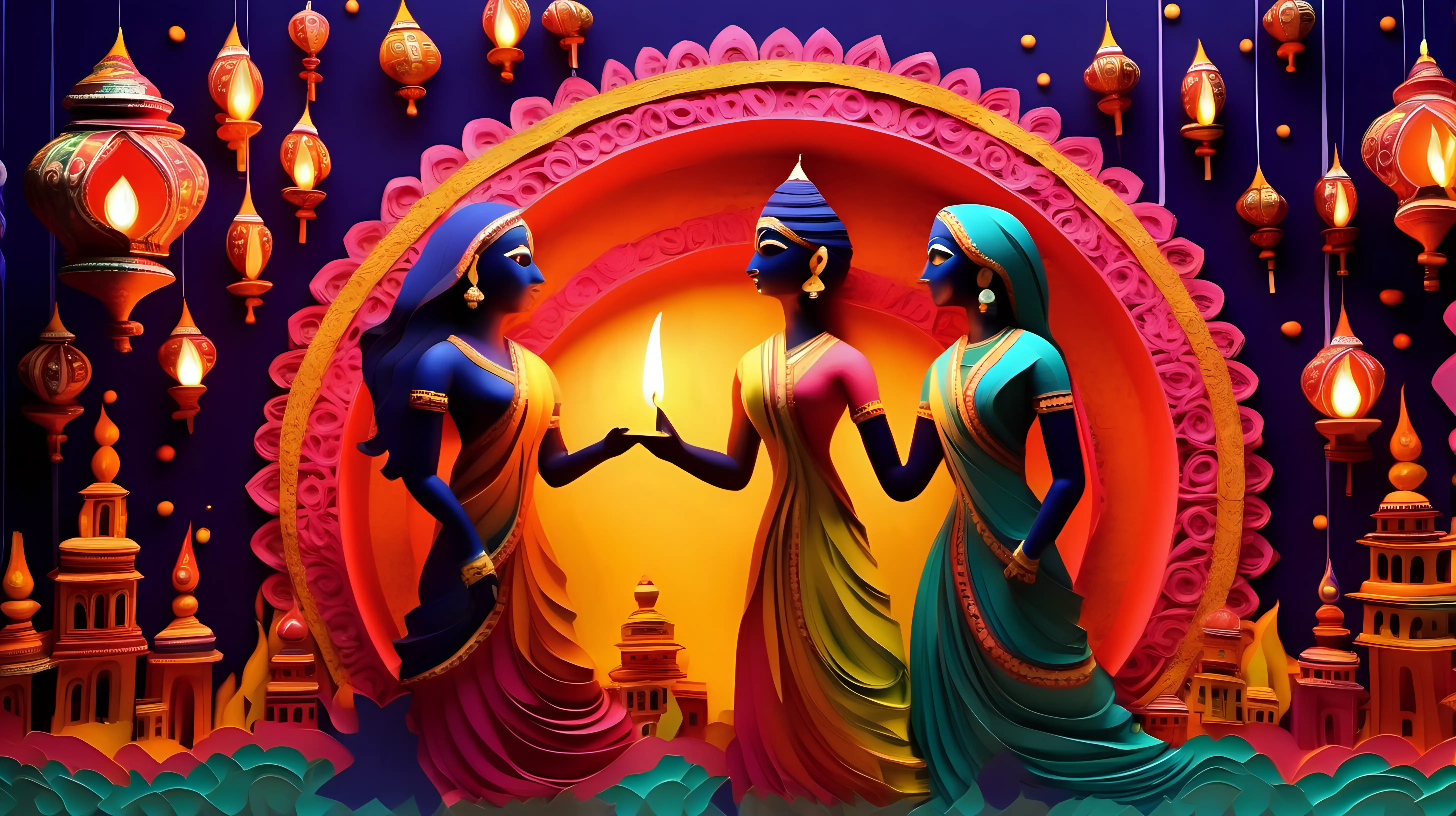 Surreal Diwali Lanterns Abstract Paper Craft with Magical Kalamkari Art
