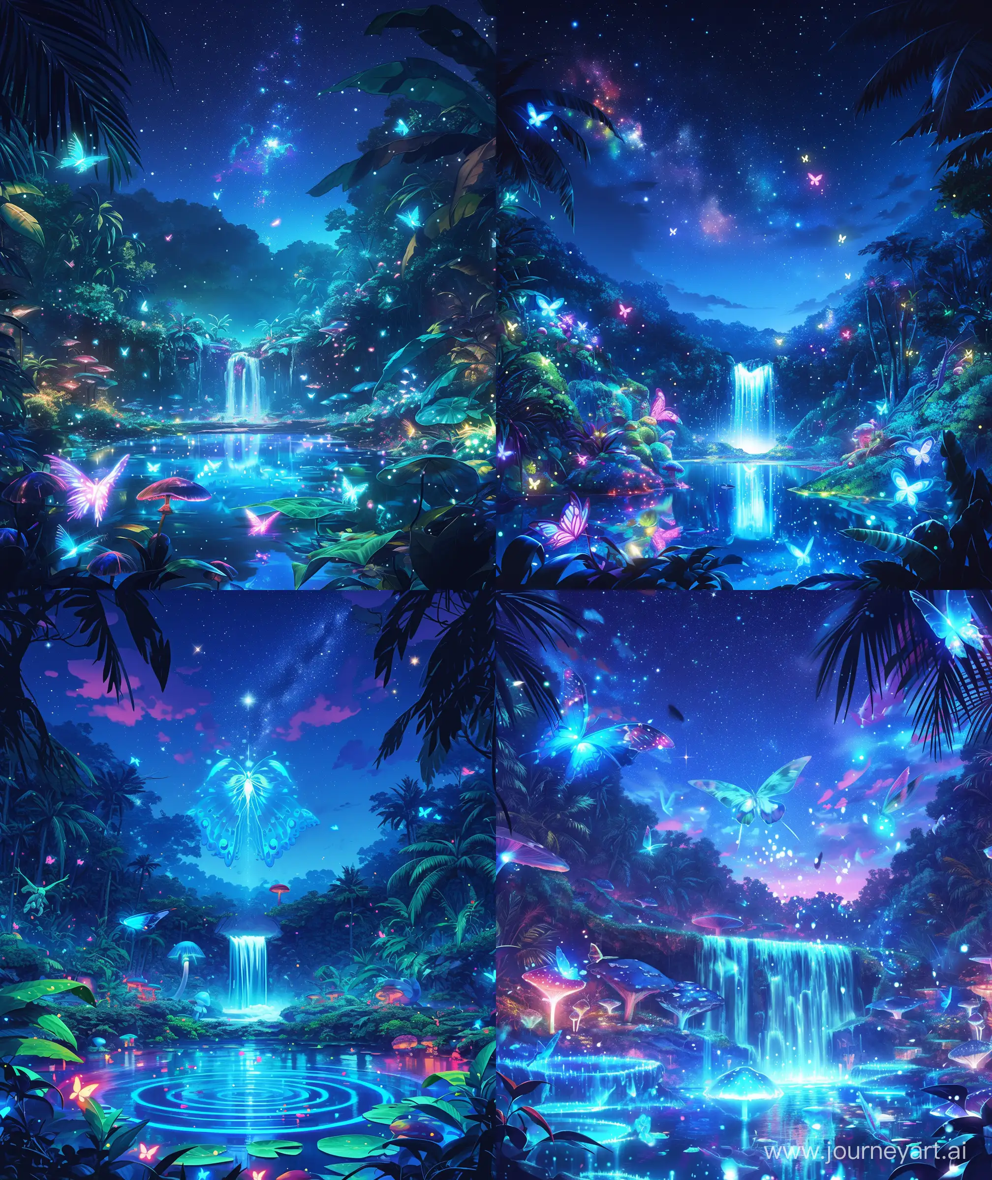 Mokoto shinkai style, Anime Artwork of a secret oasis nestled in the heart of a jungle, illuminated by the ethereal glow of bioluminescence under a starry night sky. A grande bioluminescent waterfall cascades, reflecting the celestial dance above. The scene is painted with mesmerizing hues of blues, pinks, and greens, as glowing butterflies and mushrooms add to the enchantment. Nature’s 7th wonder captured in the iconic style of studio Ghibli ,ultra HD , high quality, sharp details, --ar 27:32 --niji 6