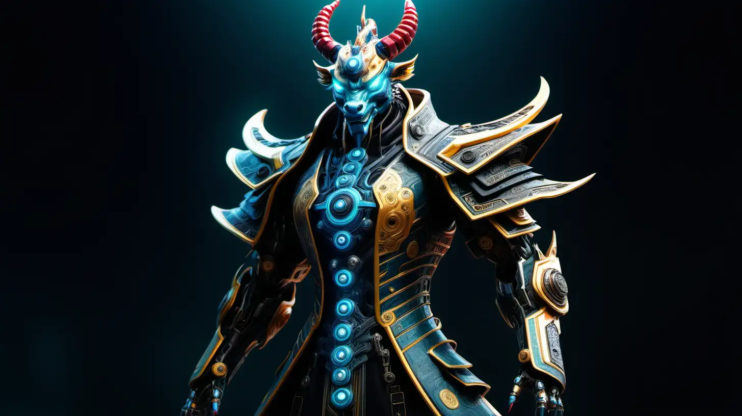 Visualize "Qilin Sovereign," the human-like final boss of a cyberpunk saga set in China. Picture a regal figure with cybernetic enhancements seamlessly integrated into traditional Chinese attire. Qilin Sovereign's features exude elegance, with luminous eyes reflecting advanced technology. The detailed lighting accentuates the intricate fusion of cyber enhancements and traditional elements, creating a visually captivating and formidable antagonist. This human-like final boss stands as a symbol of China's rich cultural heritage interwoven with cutting-edge cybernetics in the cyberpunk landscape.