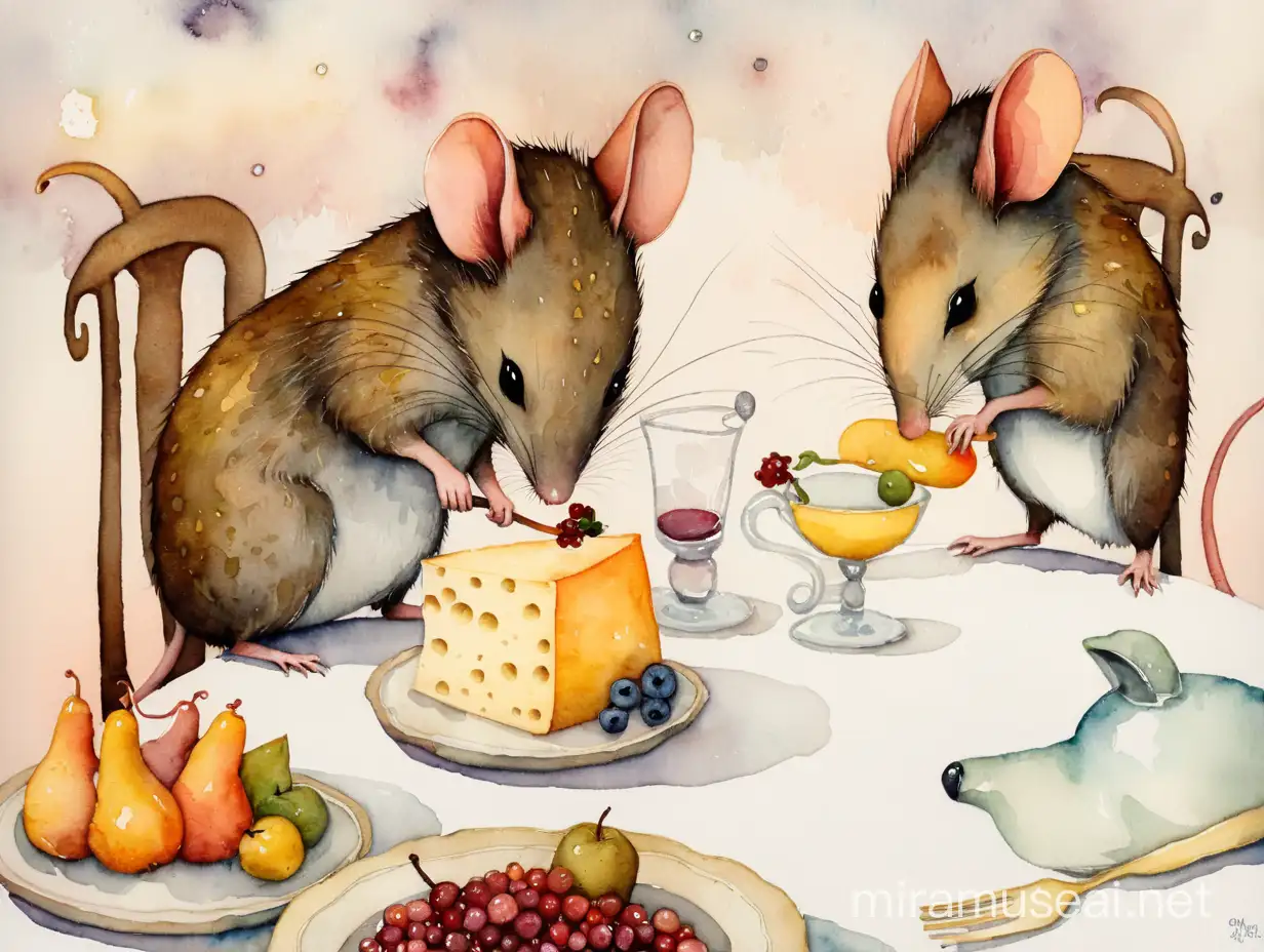 мыши обедают за столом, на столе сыр, фрукты, окорок, , watercolour, style by Andy Kehoe