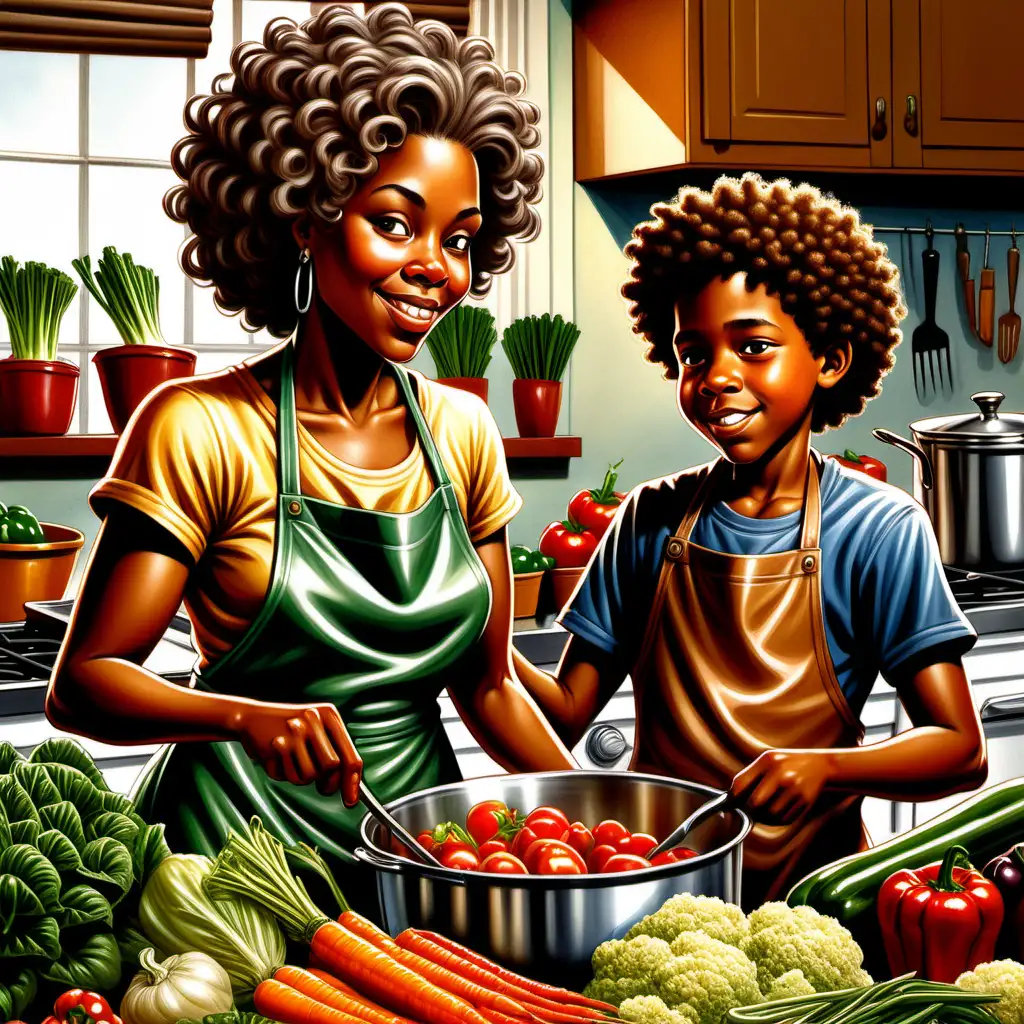 cartoon ernie barnes style african american 10 year old boy with curly hair cooking vegetables from the farmer's market with his mother with wavy hair
