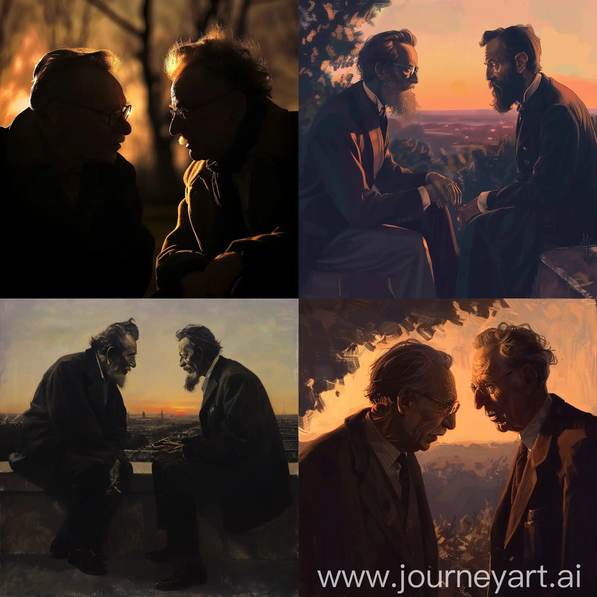 Philosophical giants, Jean-Paul Sartre and Friedrich Nietzsche, engaged in a deep conversation at dusk, under the soft, illuminating glow of the setting sun.