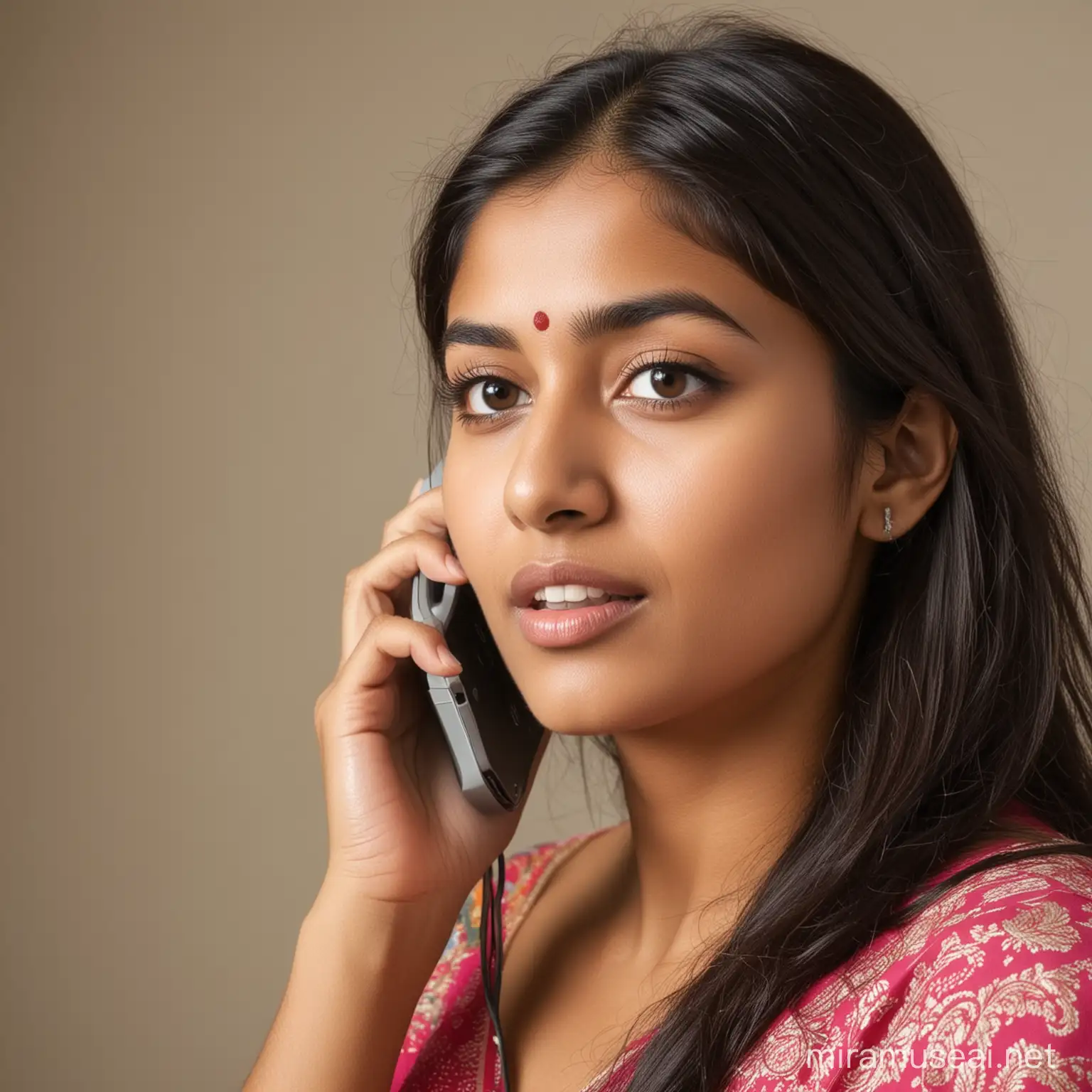 a young indian good looking lady sadly speaking in phone seriously

