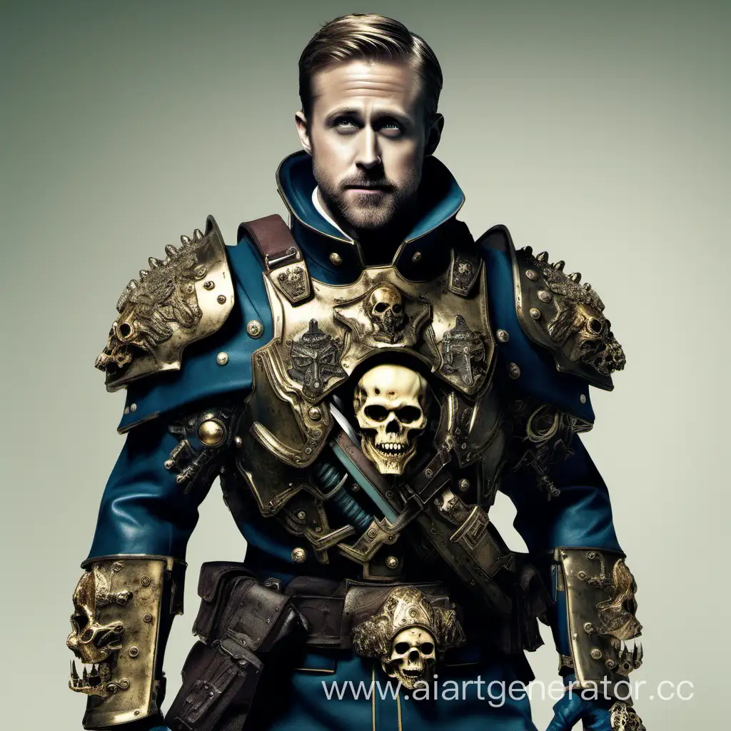 Ryan Gosling as a marine from the warhammer universe (armor has coloration and skulls)