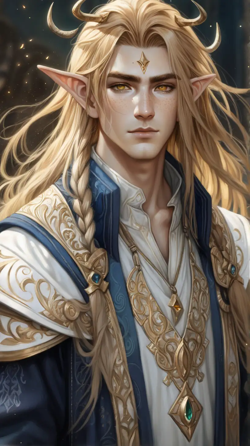 a young man with white horns and messy long hair, golden freckles and intricate mage attire. 