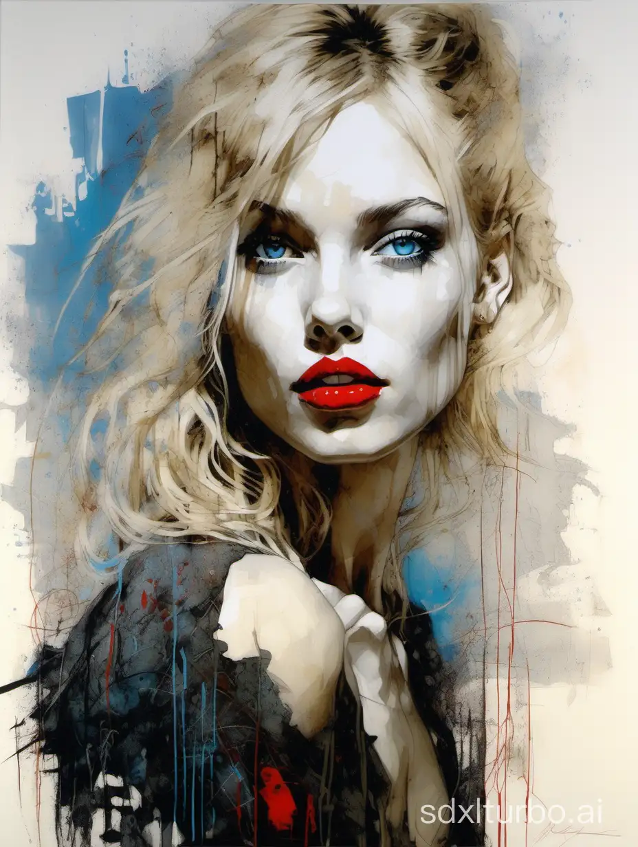 Very Blonde Pale Thin and amazingly attractive Scandinavian Woman 22yo,  Blue Eyes, red lipstick, Long Eyelashes And Eye Shadow :: by Robert McGinnis + Jeremy Mann + Carne Griffiths + Leonid Afremov, black canvas, clear outlining, detailed