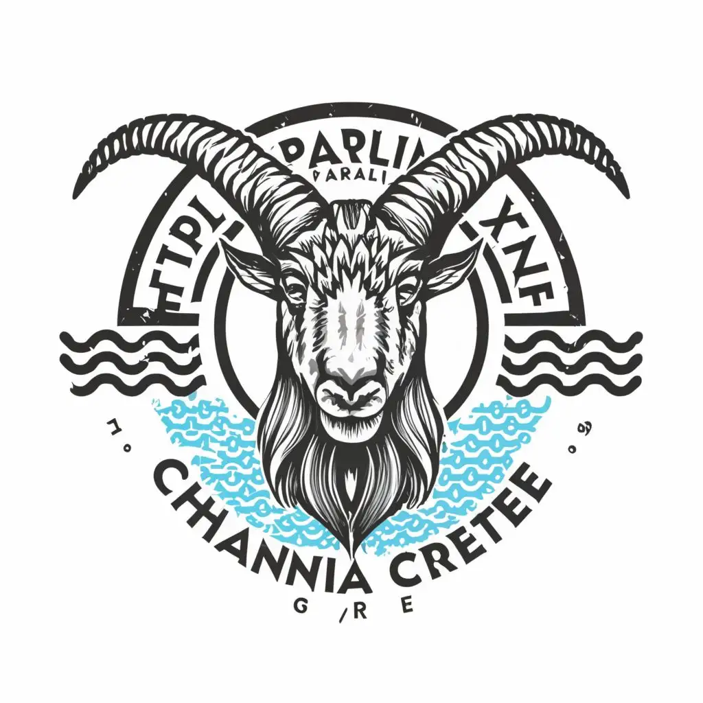 logo, Black and white logo of a majestic mountain goat head with horns pointing north surrounded by ocean waves, with the text "Paralia kri kri Chania crete", typography, be used in Retail industry