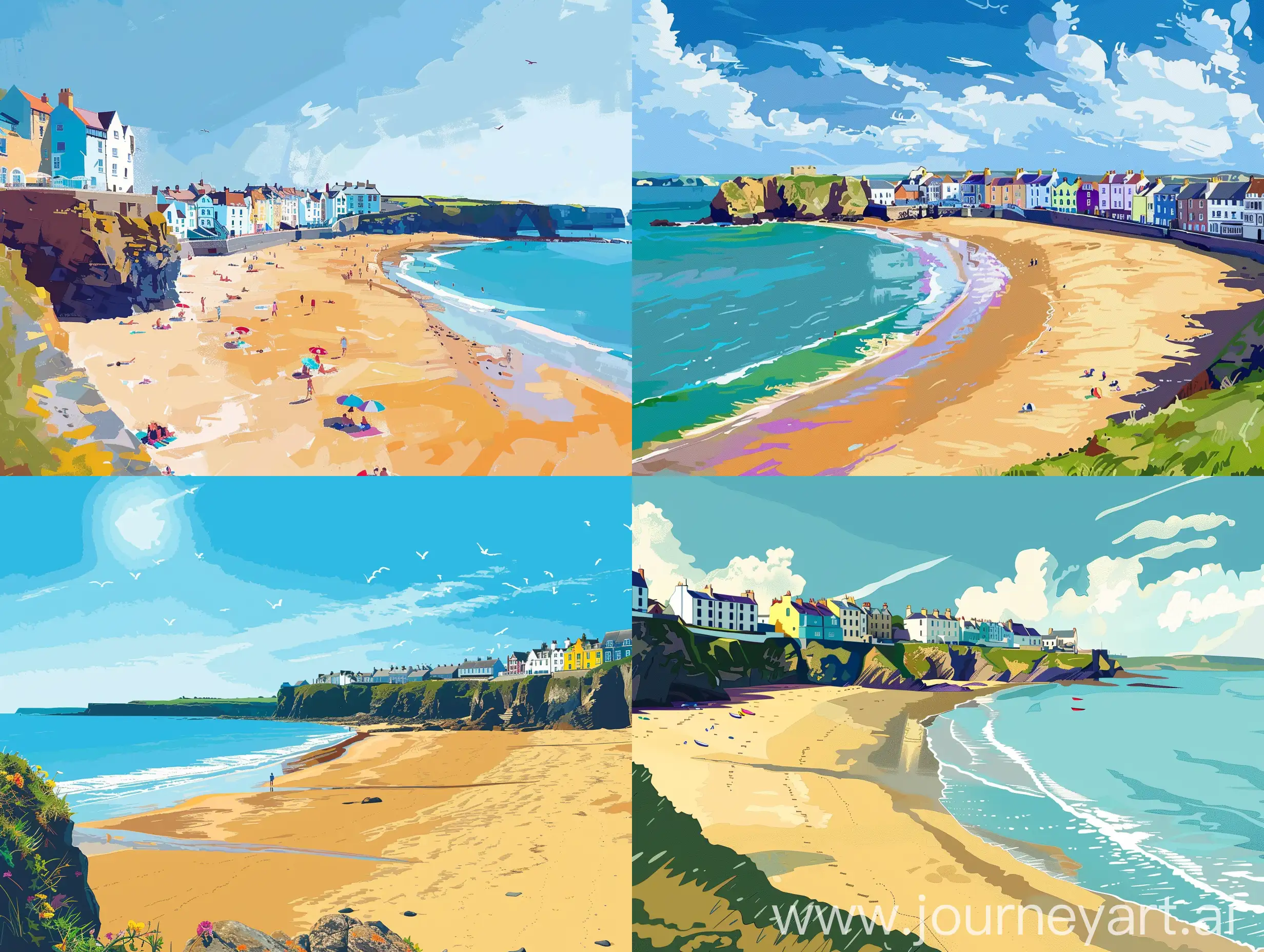 simplified image of North beach in Tenby,  bright sunny daylight, rich vibrant colours.,