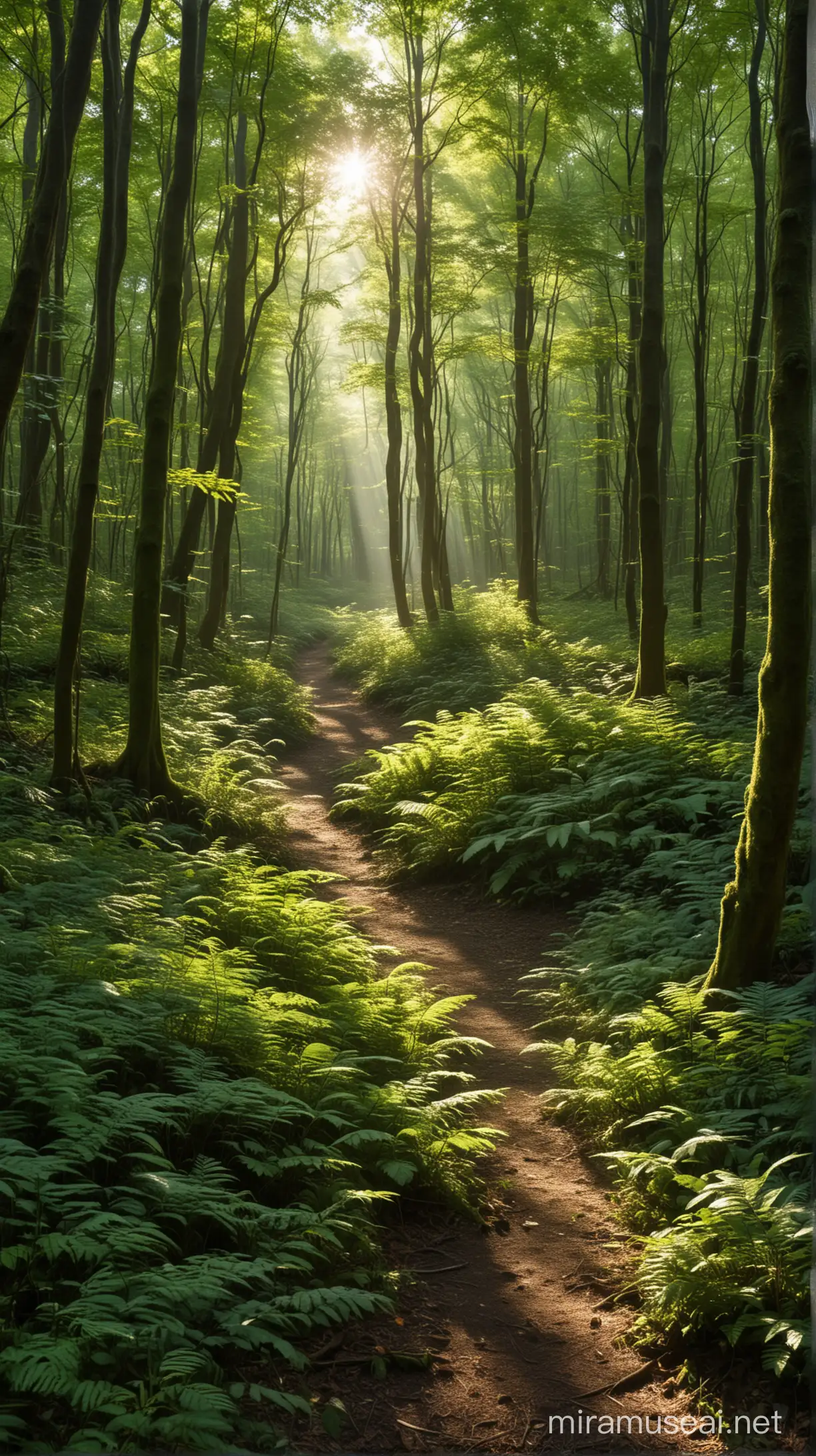 a dense, beautiful green and mysterious forest with sunlight streaming through the thick canopy, illuminating the vibrant foliage and casting dappled shadows on the forest floor.