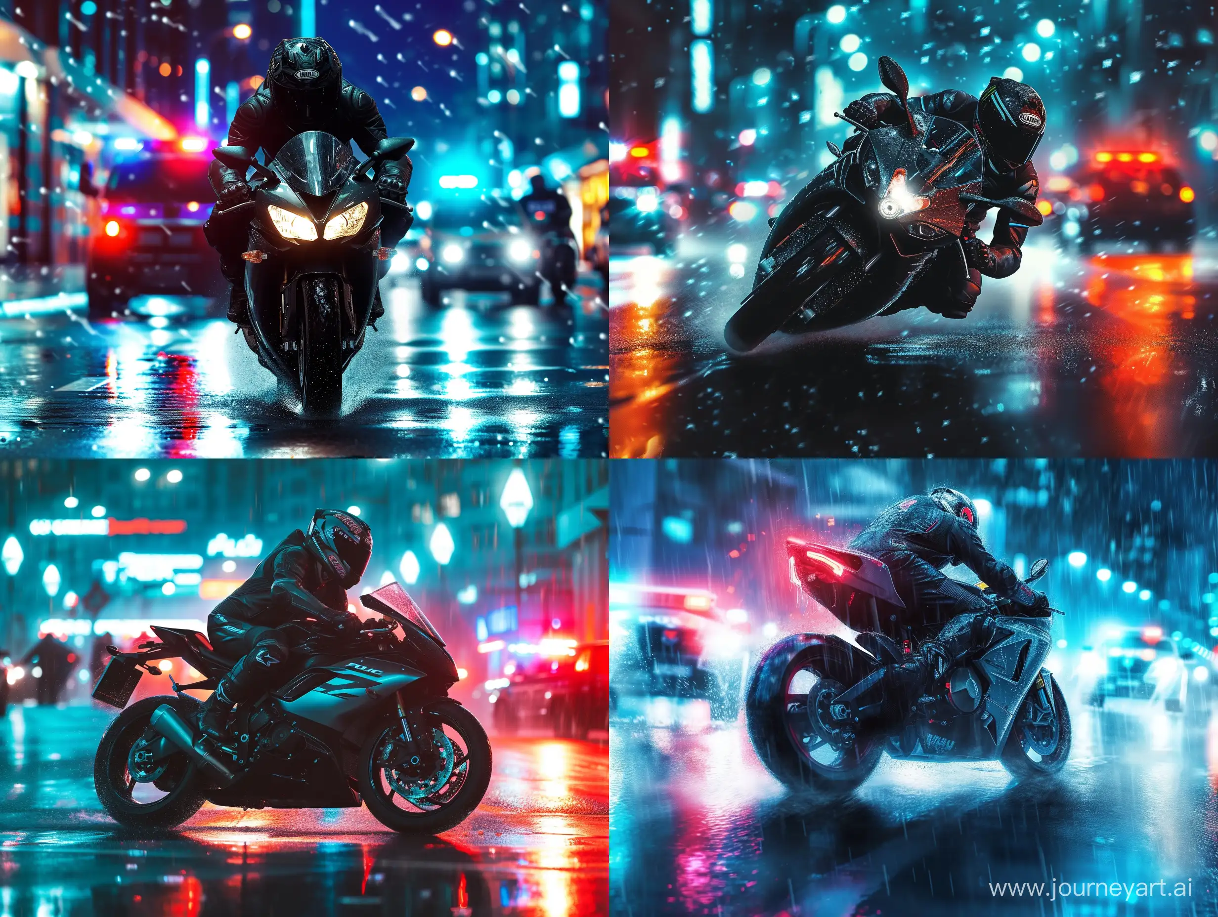 A biker in a helmet rides a sports motorcycle through the night city, dark colors, rain, police, cinematic aesthetics