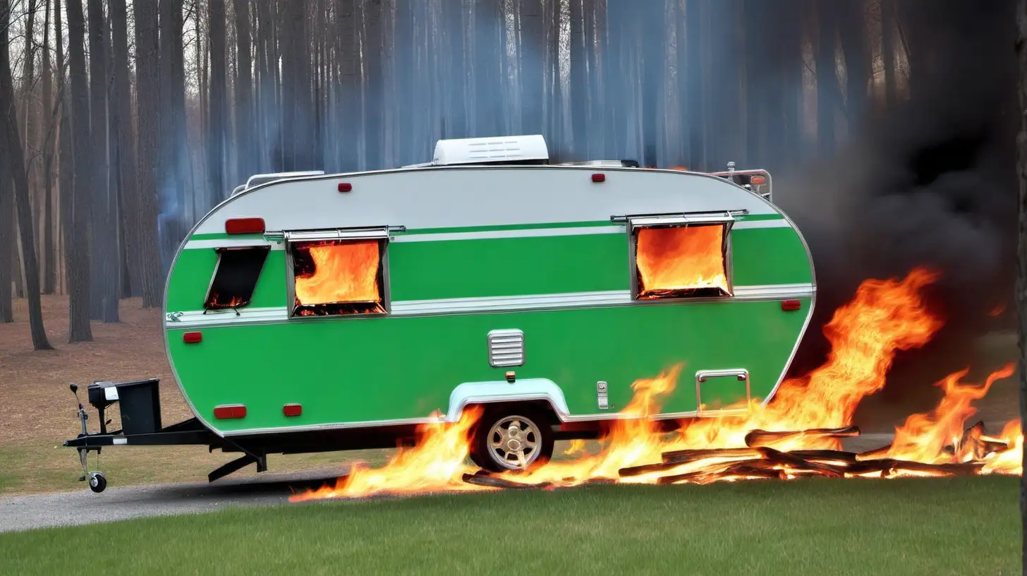 burning green and white camper seen from side flames in vindow

