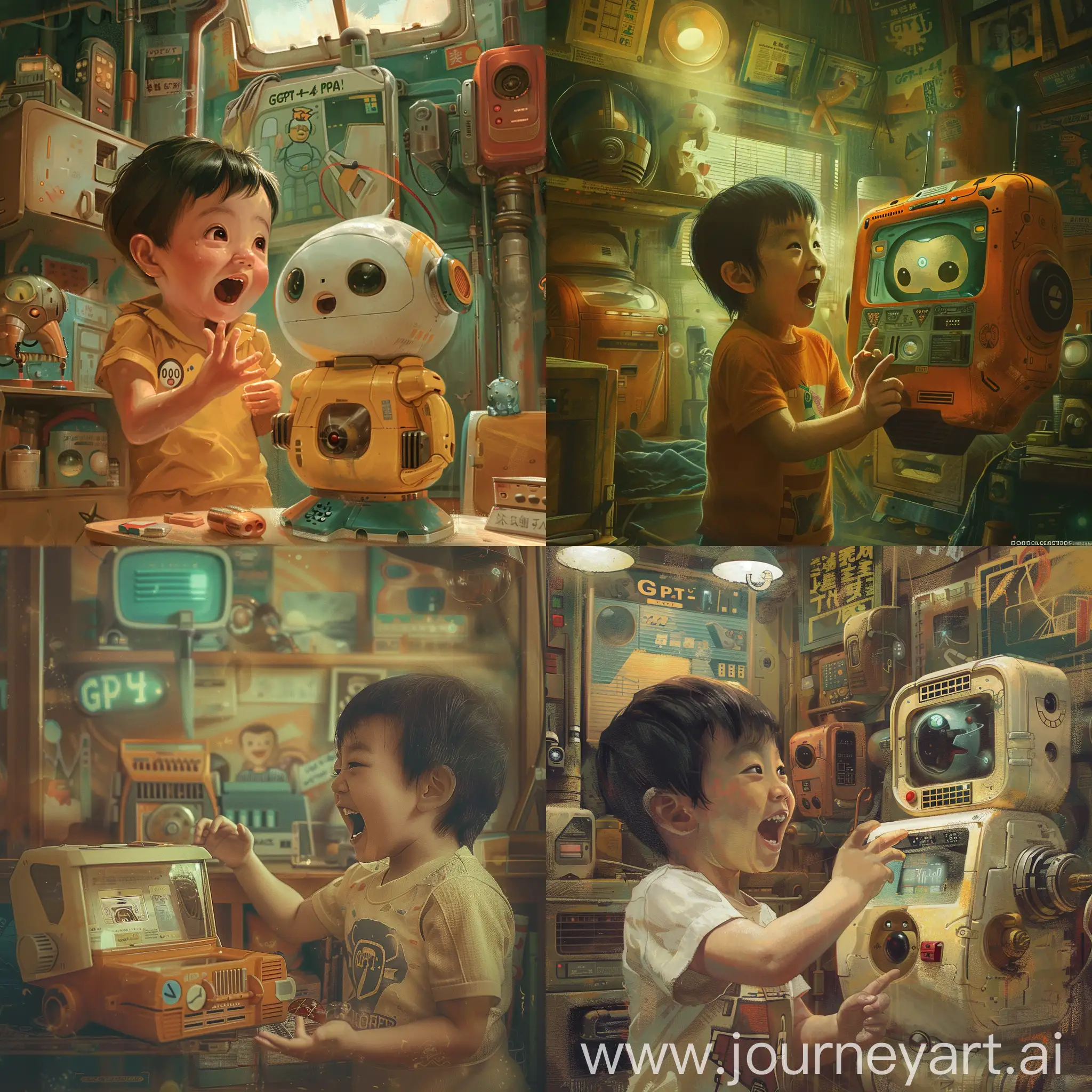 /imagine prompt: "A child excitedly holding a GPT-4 toy, resembling a small robot companion, in a nostalgic, sci-fi setting inspired by Doraemon manga. The scene shows the child attempting to communicate with the toy, which responds in simple, direct ways. The child's expression is a mix of curiosity and anticipation. The room is filled with vintage sci-fi decor, blending the old with the new." Created Using: detailed ink lines, vibrant colors, expressive characters, dynamic angles, soft shading, emotional facial expressions, vintage sci-fi elements, manga style, hd quality, natural look --ar 1:1 --v 6.0