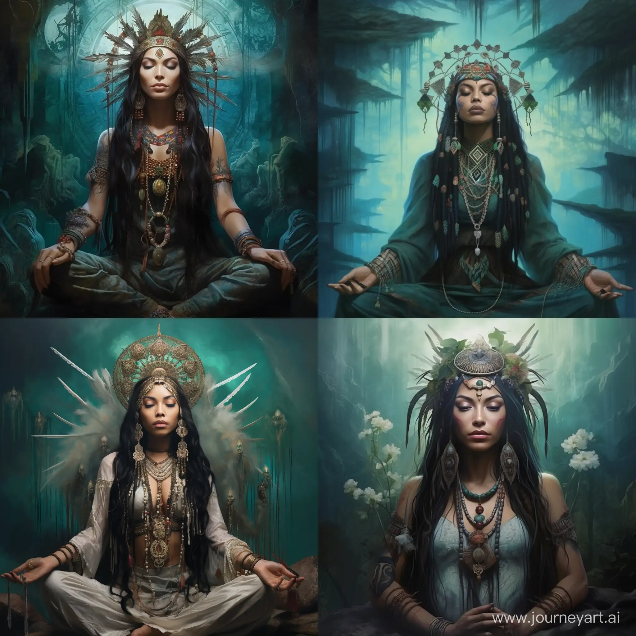 shaman woman, earth, stonepunk, Indian, black hair, braids, mystical, head tilted up, eyes closed, serene expression, calm, meditating, shabby aqua clothes, rosary, tribal jewelry, feathers in hair, headdress, jade , obsidian, colorful clothes