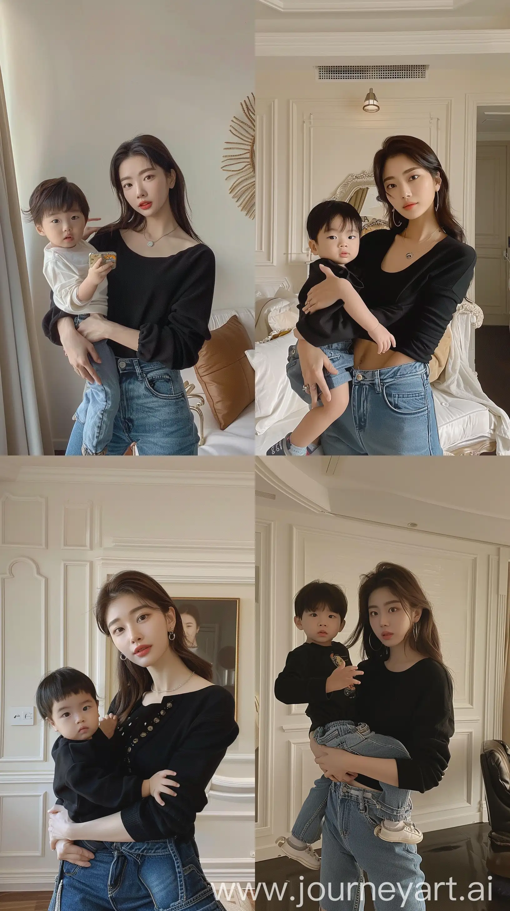 a jennie kim holding 2 years old kid, wearing black tops, baggie jeans pants, facial feature look a like jennie kim, aestethic selfie, inside cream room --ar 9:16