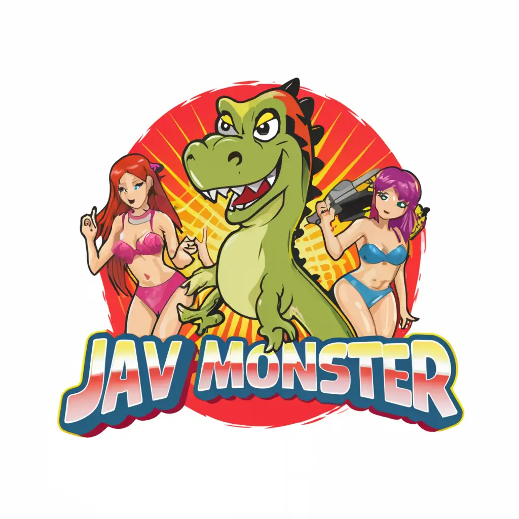 a logo design, with the text 'JAV MONSTER', main symbol: a funny and cute dinosaur with two sexy and very hot Japanese idols wearing provocative bikini, Moderate, for use in the Entertainment industry, clear background