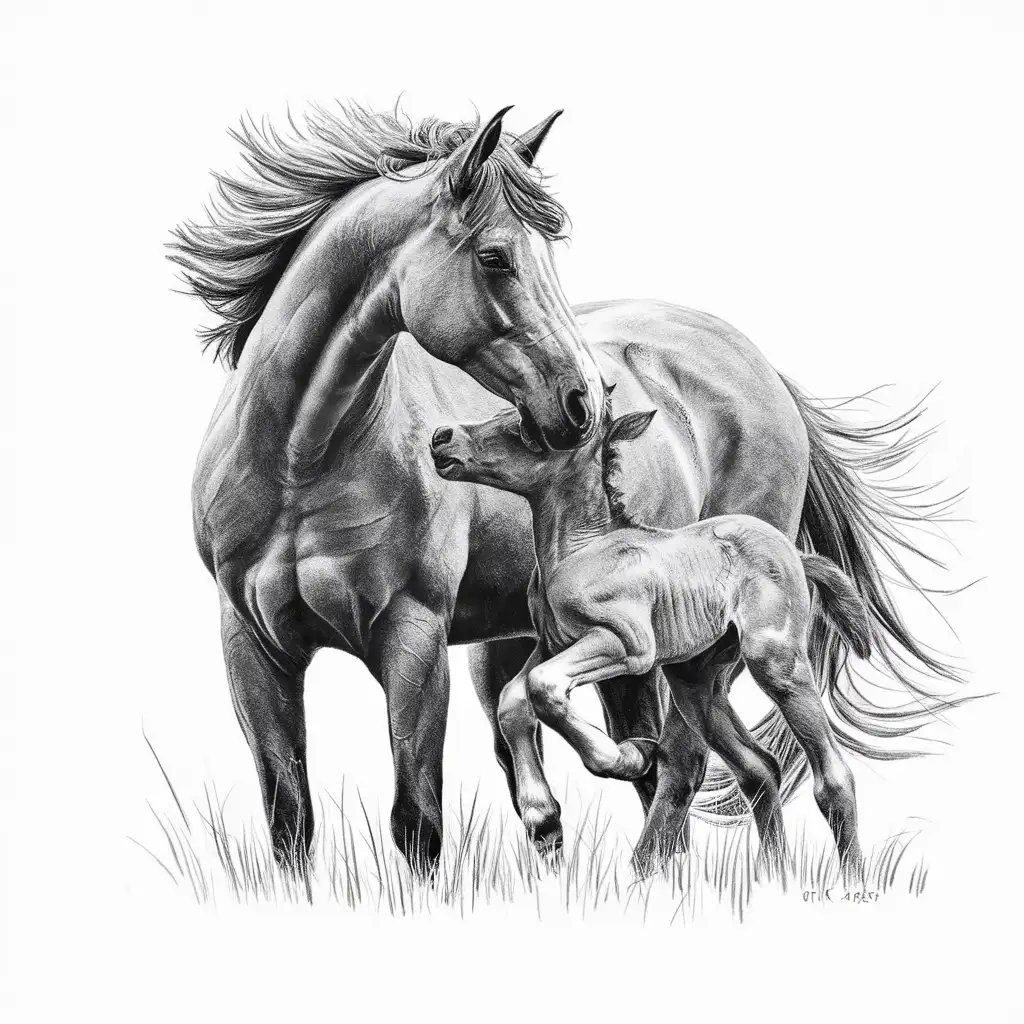 loose gestural sketch of a horse and a foal, grayscale sketch, loose pencil strokes, white background