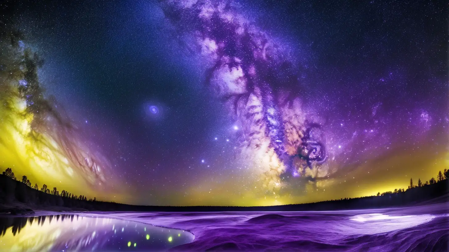 purple and glowing yellow pond waters and waves over a galaxy sky