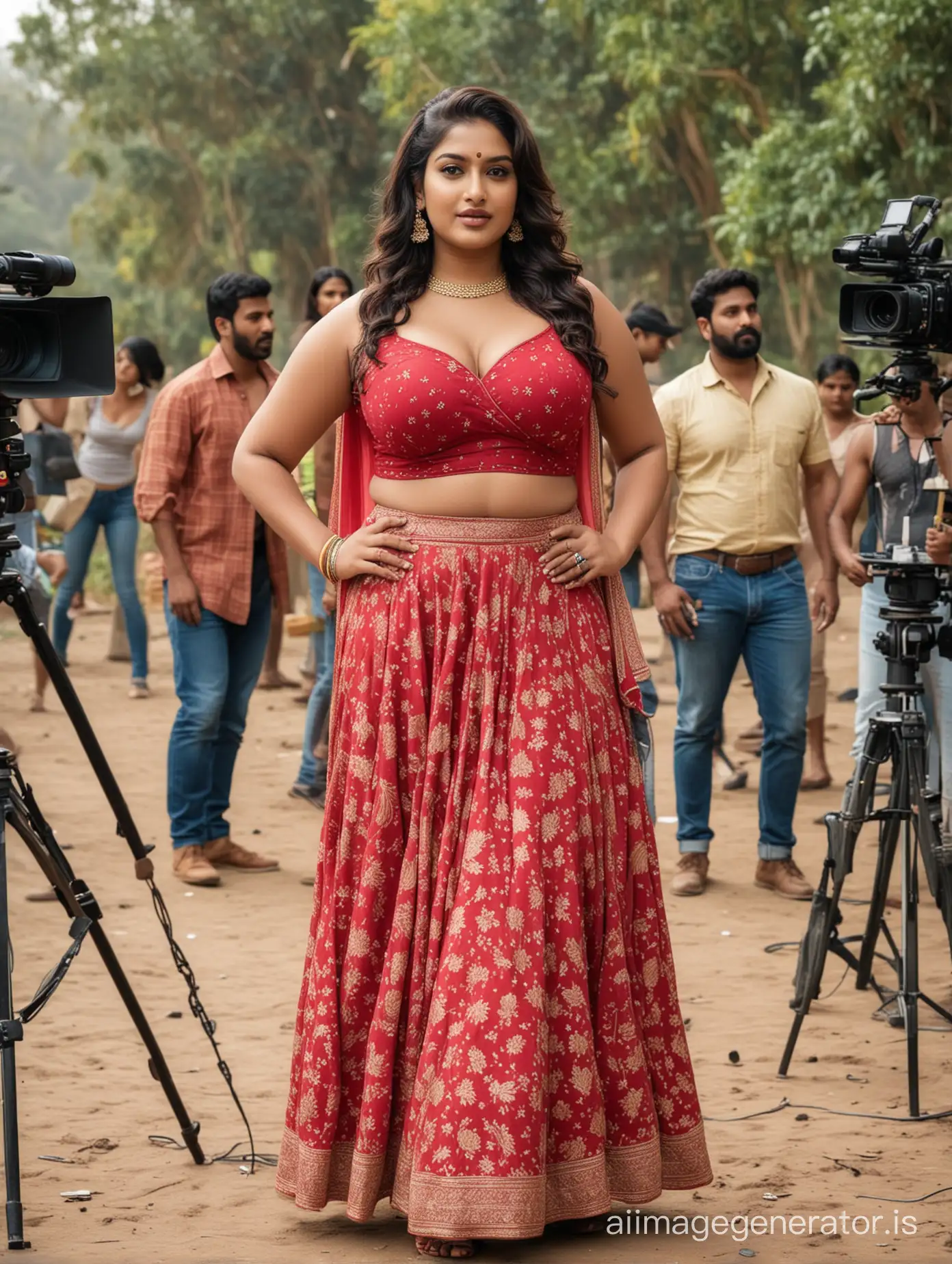 Beautiful indian plus size sexy dressed women at movie shooting spot with crew members 