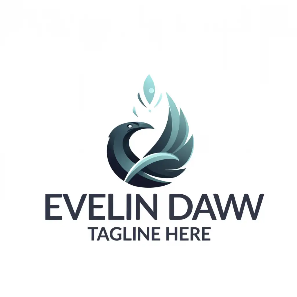 a logo design, with the text 'Eveline Daw', main symbol: crow head inside feather-like water droplet, cold colors, minimal paint brush stroke effect, moderate, to be used in Entertainment industry, clear background