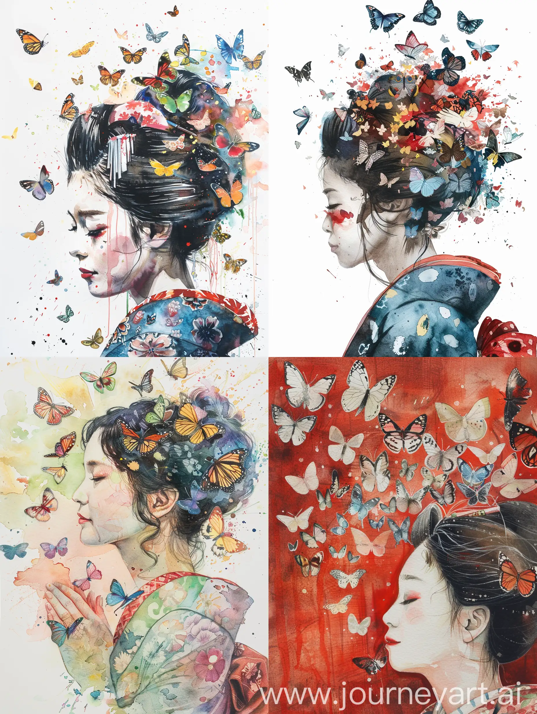 Elegant-Japanese-Lady-in-Traditional-Kimono-Surrounded-by-Fluttering-Butterflies-on-a-Dreamy-Watercolor-Background