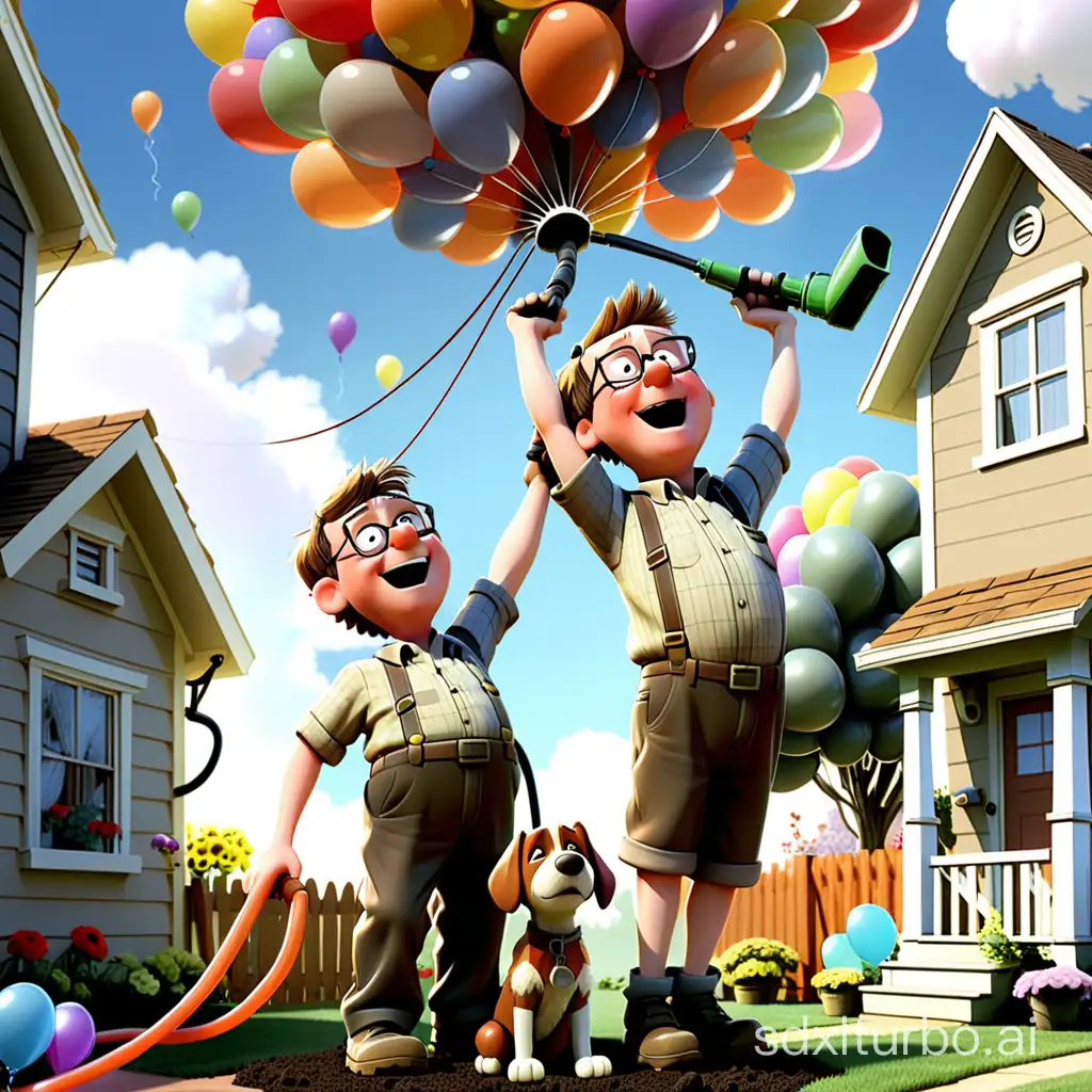 A house is in the air, lifted by balloons. Dug, a dog, Russell, a boy and Carl Fredricksen, an old man, hang beneath on a garden hose. "UP" is written in the top right corner. The release date "May 29" is displayed on the bottom left corner.