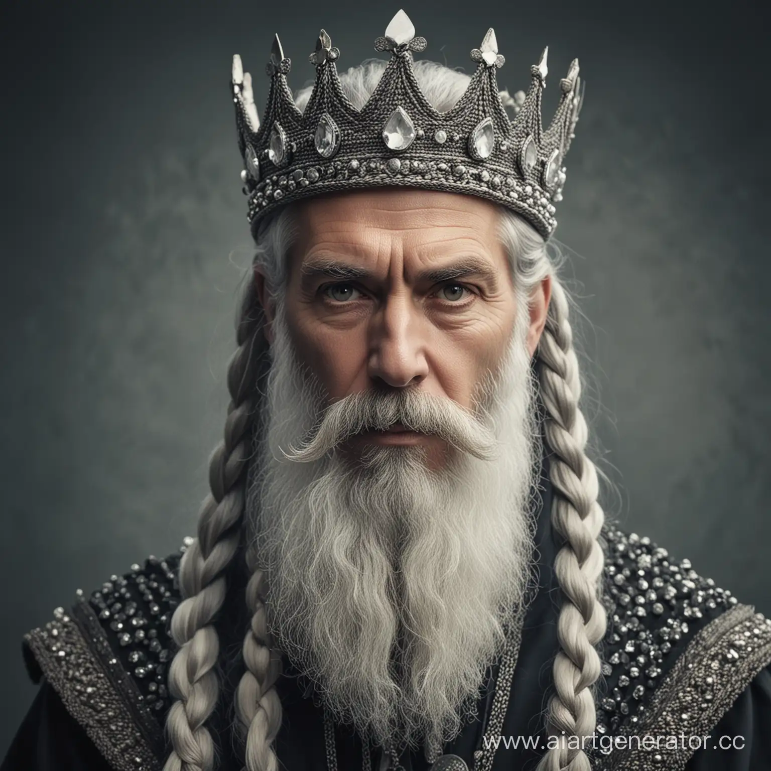 Портрет седого мужчины с длинной бородой, сплетенной в косы. На его голове тяжелая корона, украшенная белыми камнями. У мужчины грозный прямой взгляд. Холодные тона, низкий контраст.