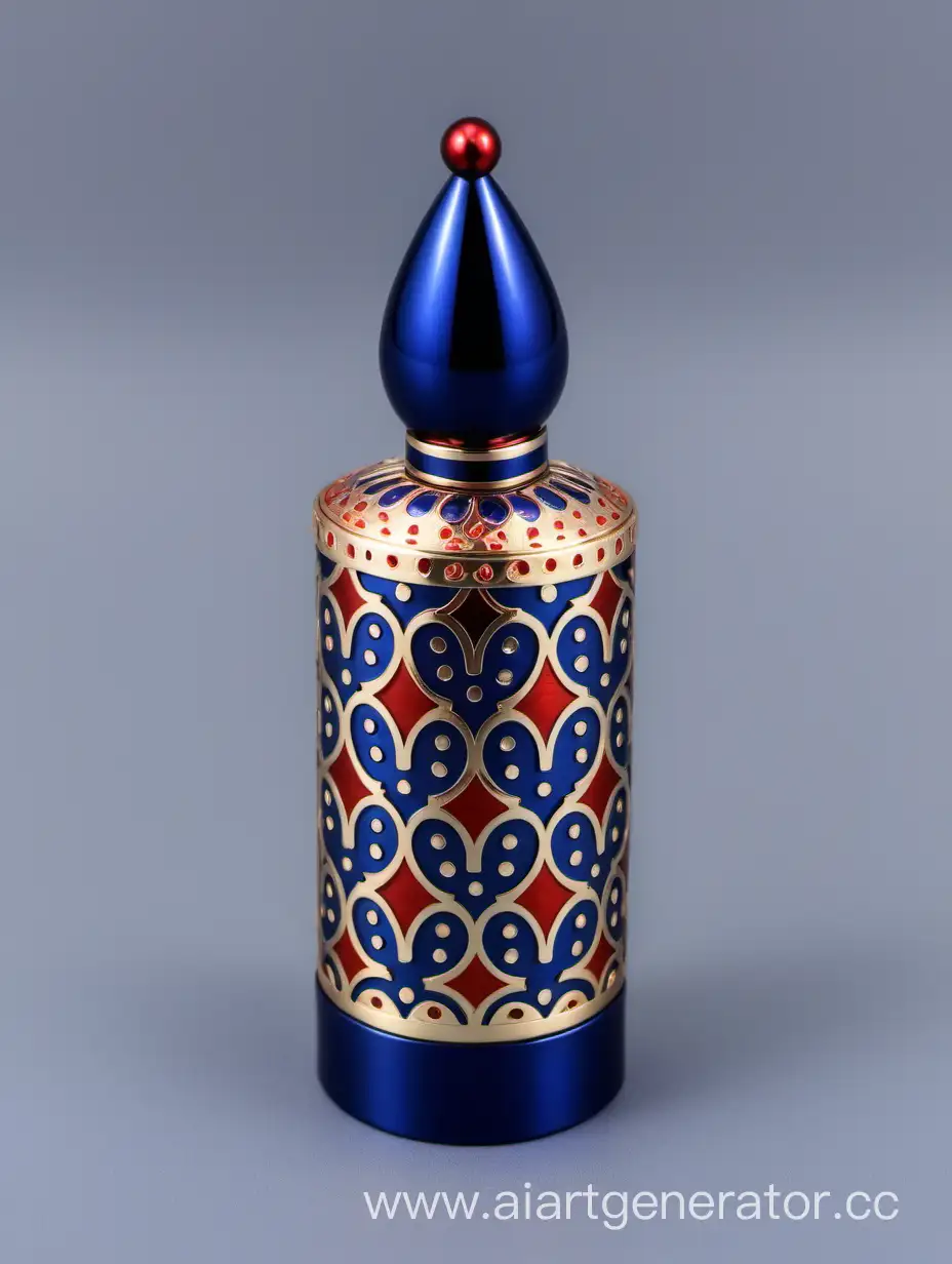 Elegant-Zamac-Perfume-Bottle-Ornament-with-Arabesque-Pattern-in-Shiny-Dark-Blue-and-Matt-RedWhite-Border