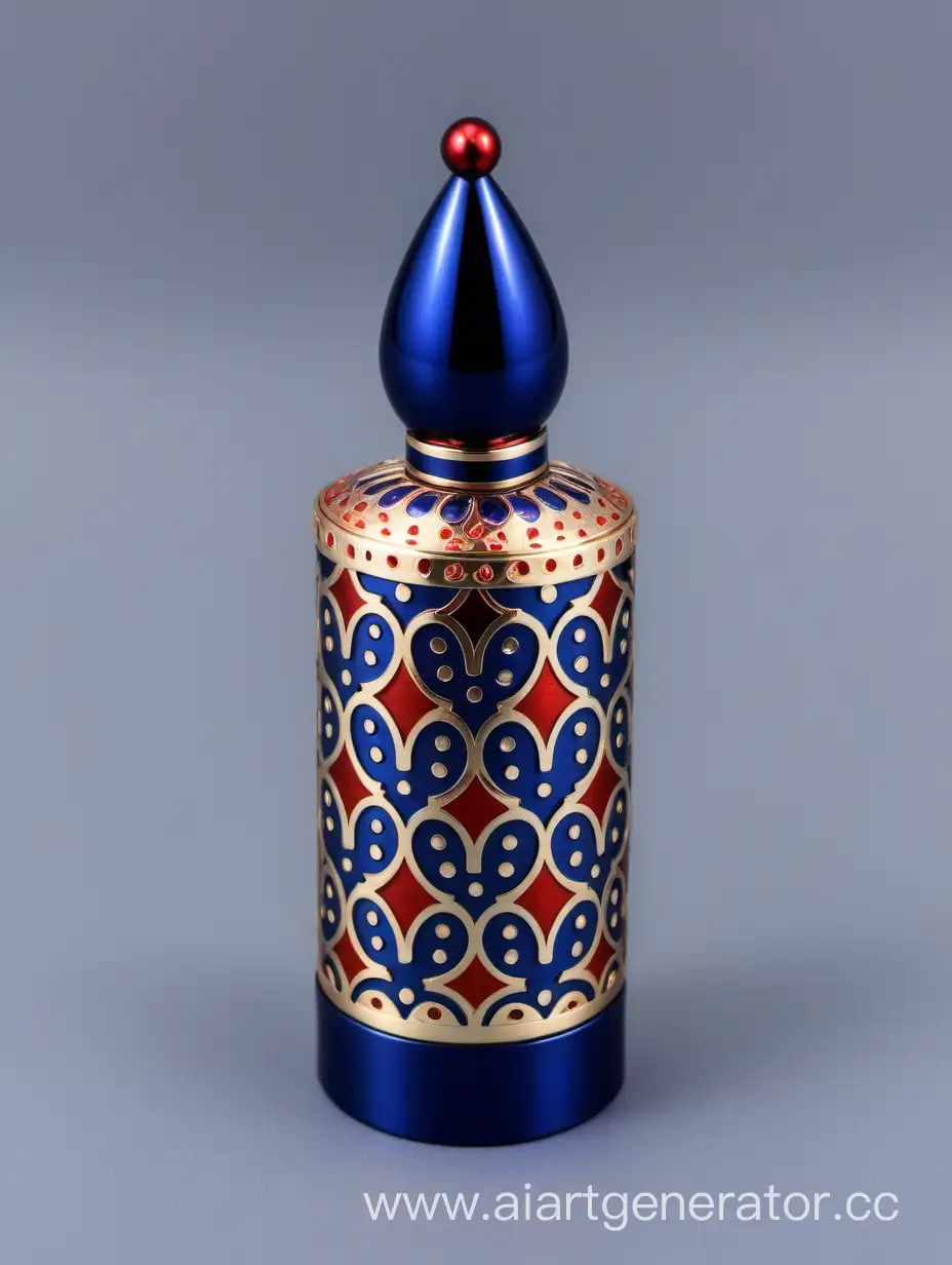 Zamac Perfume decorative ornamental long cap, SHINY DARK BLUE color with matt RED WHITE border line with dots in middle arabesque pattern shaped | metallizing finish