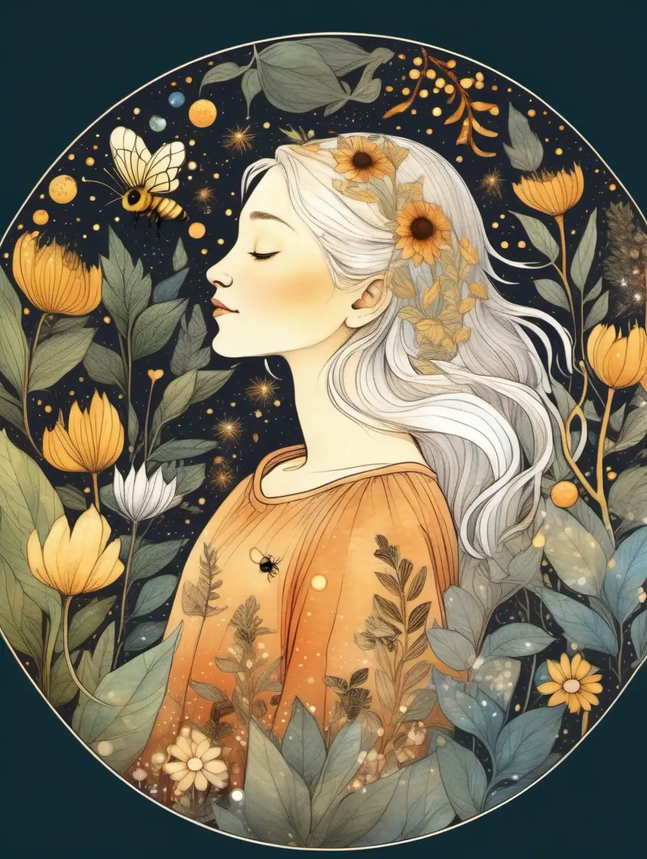 flat-illustration , composition in a circle, fairy girl in profile with closed eyes and smiling and white hair, around plants, berries, bumble bees, flowers, sequins, radiance, magic, texture of watercolor paper, warm colors, no volume linear drawing, william morris style