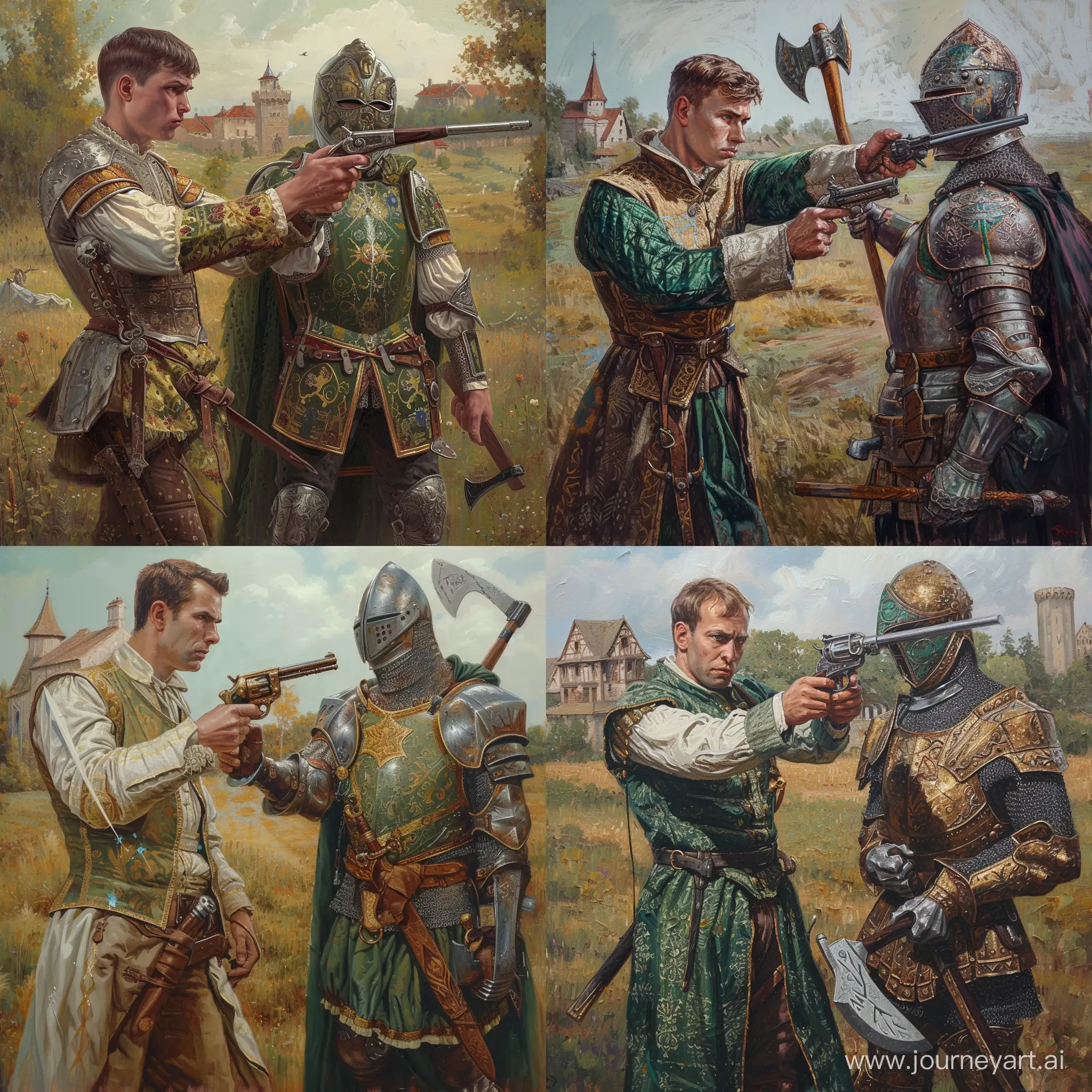 illustration, fantasy, masterwork the painting is made with oil paints and a brush, large brush strokes are applied to the painting, the painting depicts a merchant in aristocratic clothes, a merchant - a 26-year-old guy with a slender medium build and short hair, he holds a medieval pistol in his hands and aims at a target, a knight with a battle axe stands next to a merchant, a knight dressed in French armor from the 1300 century with green cloth with engravings, a knight's cuirass inlaid with magic crystals, a knight's helmet resembles a bascinet with a Roman visor, a merchant and the knight are standing in a field, and in the background you can see the merchant's estate in a slightly shabby form, the knight's face is covered with a helmet