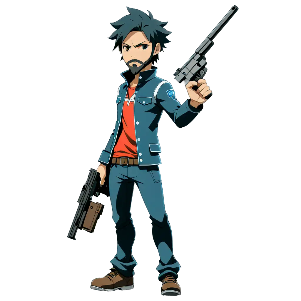 2D ANIME CHARACTER WITH SIDEBURN AND BEARD 
HOLDING A GUN