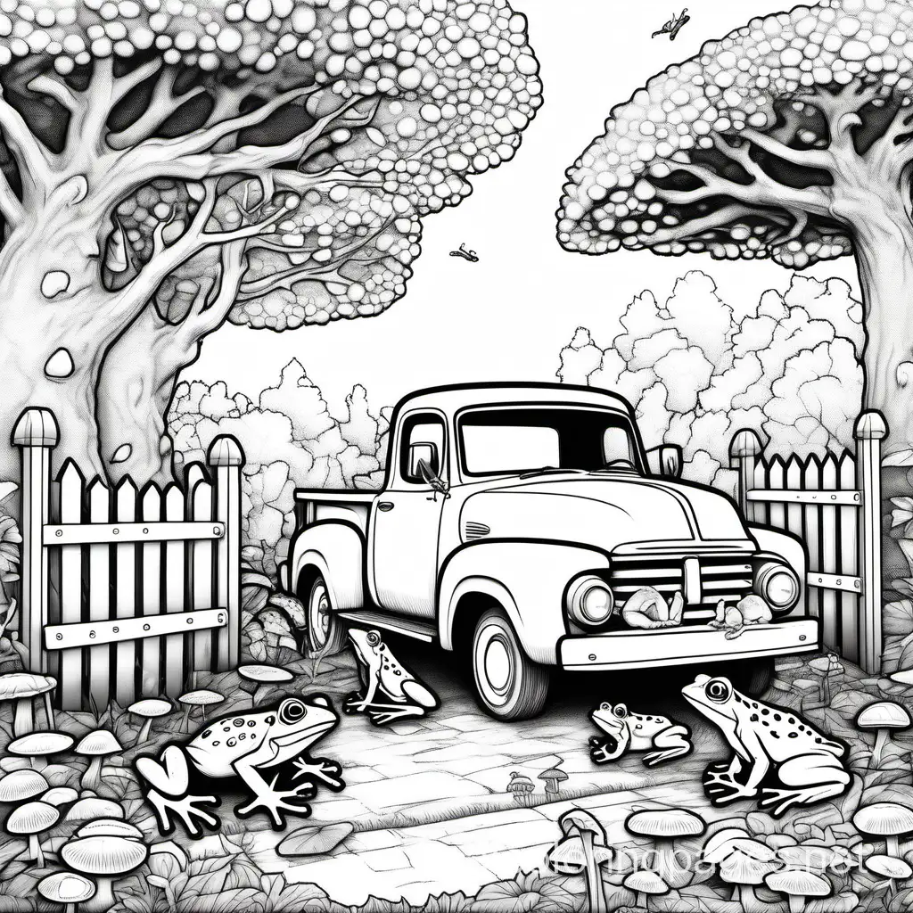 a magical garden gate next to an old tree with frogs and mushrooms by it and sun in sky by an old pickup truck, Coloring Page, black and white, line art, white background, Simplicity, Ample White Space. The background of the coloring page is plain white to make it easy for young children to color within the lines. The outlines of all the subjects are easy to distinguish, making it simple for kids to color without too much difficulty