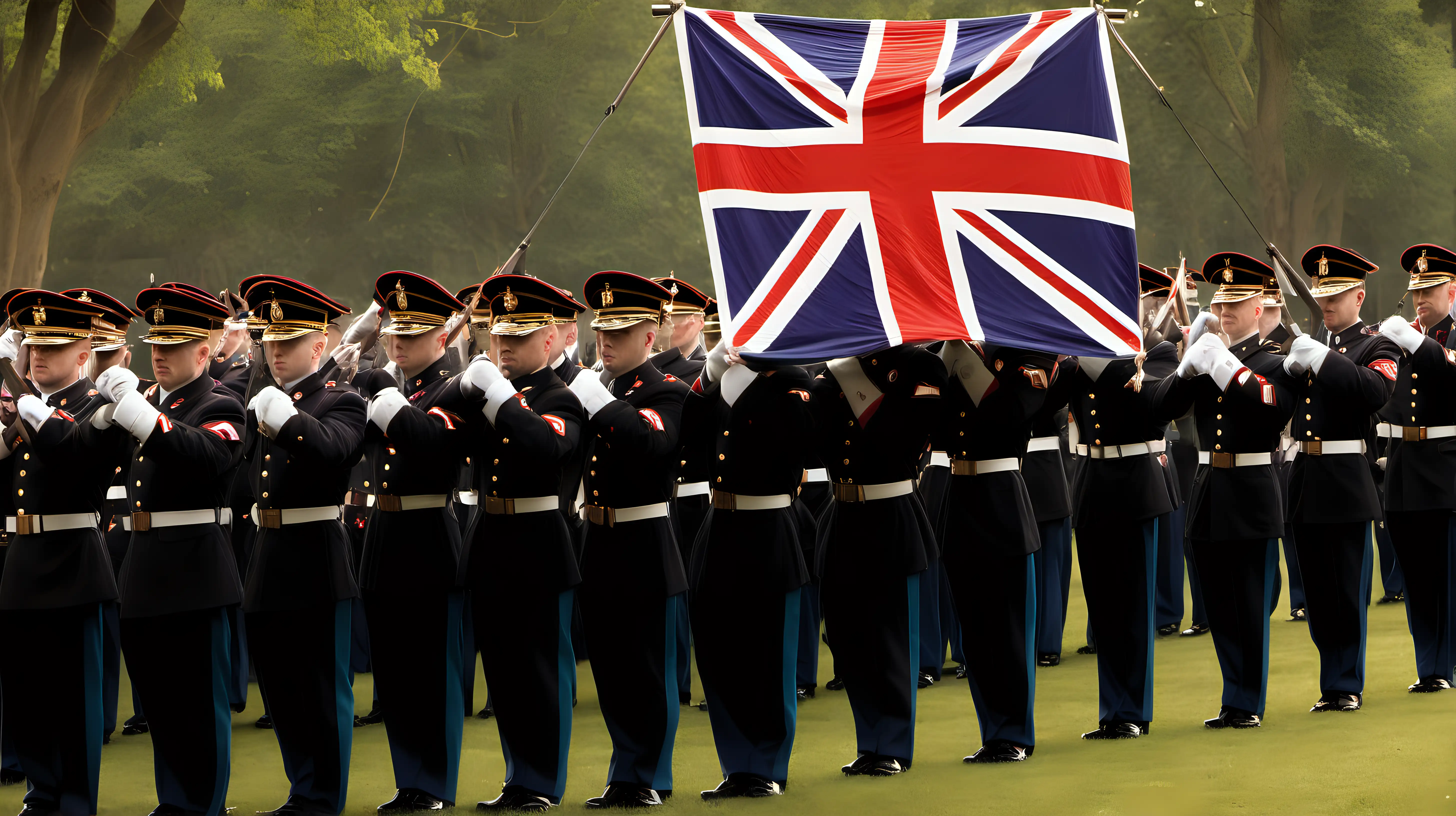"Highlight the solemnity of a military ceremony where soldiers hoist the Union Jack in honor of their country, their commitment unwavering and resolute."