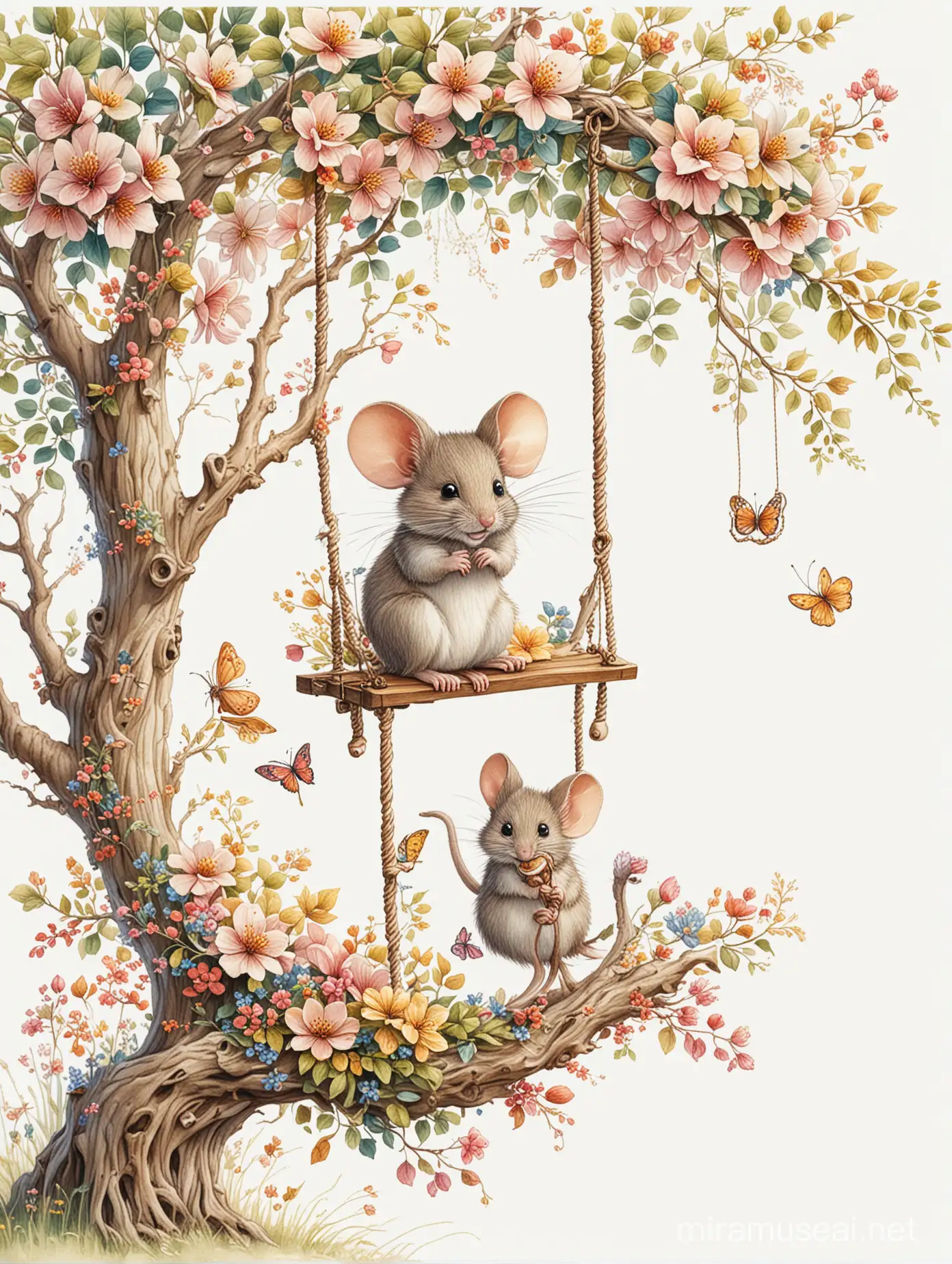 Whimsical Mouse Swinging on Flowery Tree Swing FairyTale Graphic
